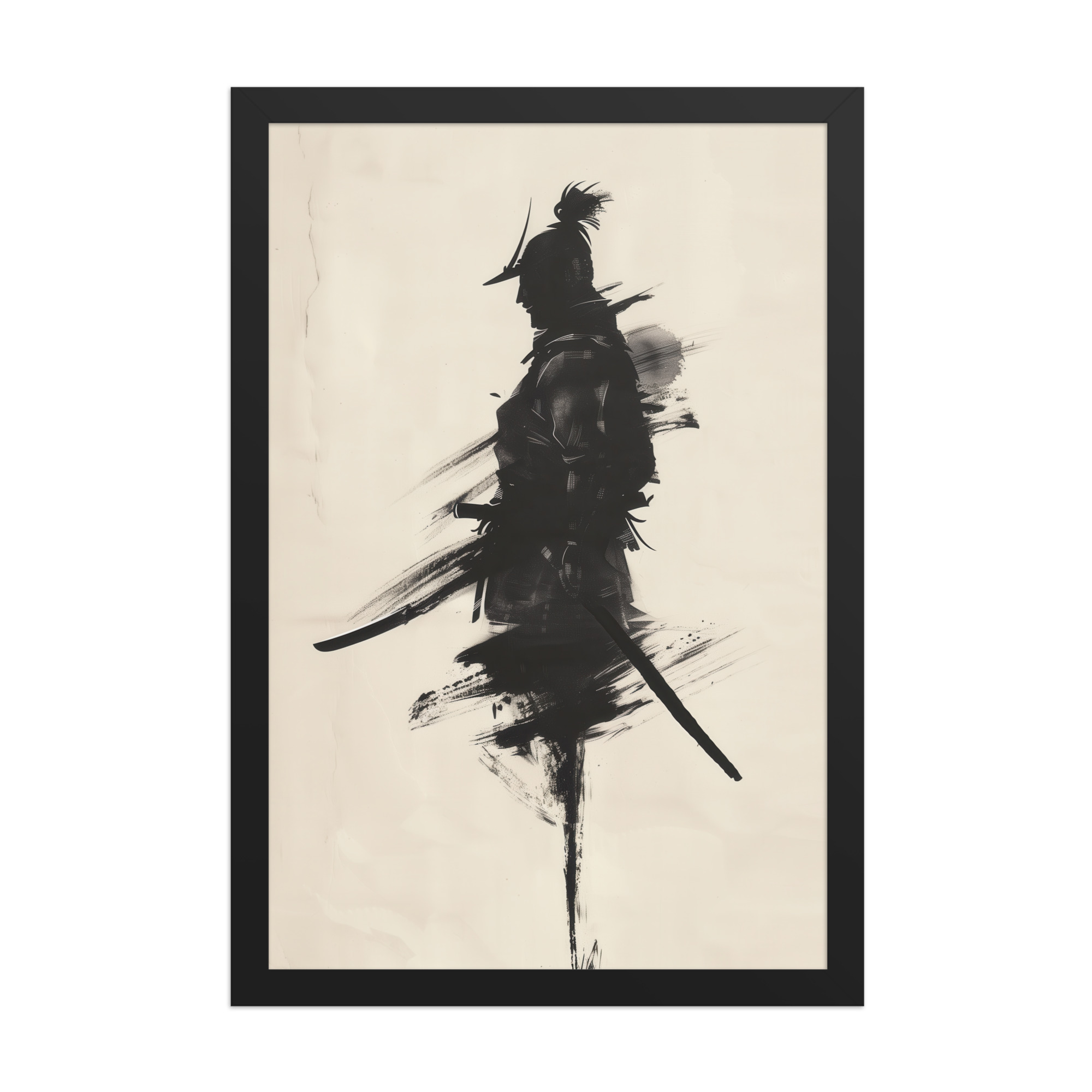 Shadowed Warrior – Sumi-e Silhouette of a Lone Samurai Wall Decor – Framed Poster - Image 5