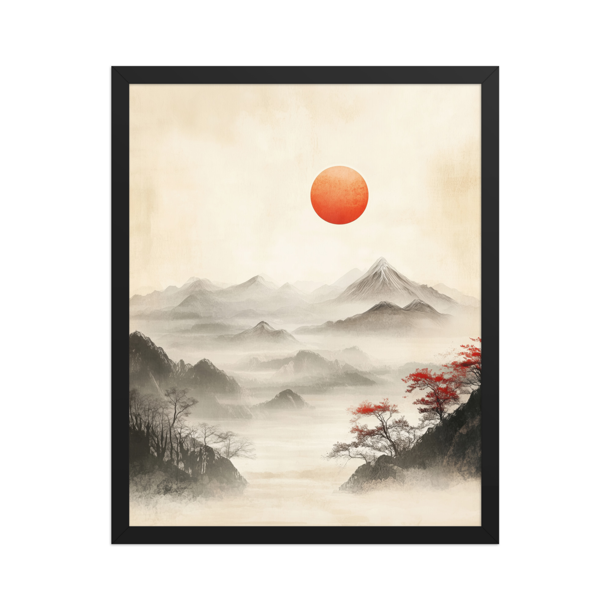 Red Sun Over Silent Peaks — Misty Ink Mountain Landscape Wall Art — Framed Poster - Image 5