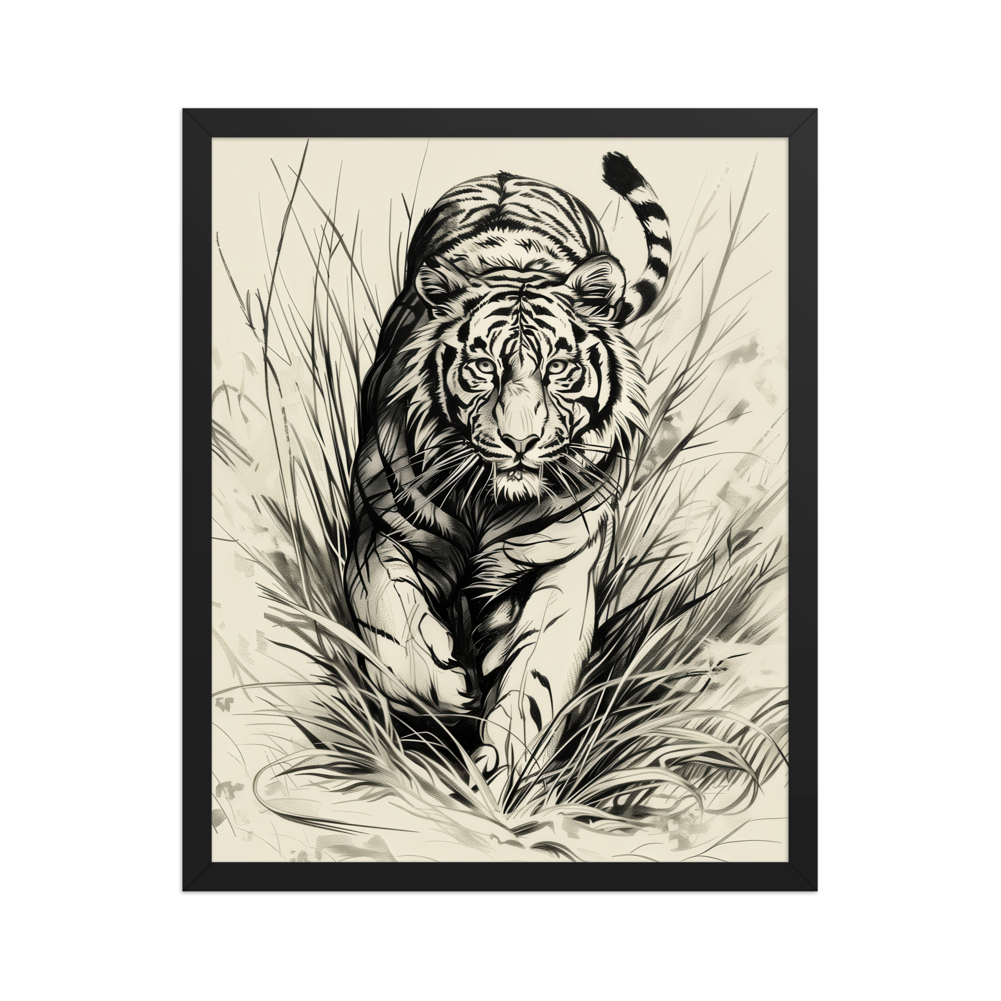 Tiger in Brush — Monochrome Ink Bengal Tiger Wall Art — Framed Poster - Image 2