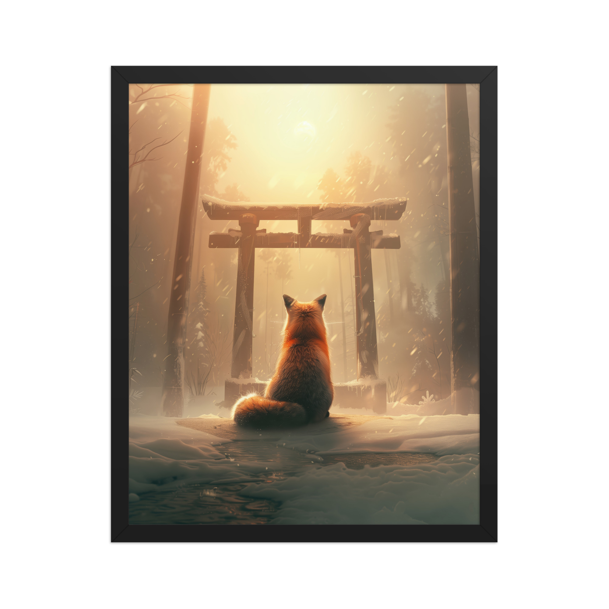 Fox Spirit at Torii — Cinematic Fox in Snowy Shrine Light Wall Decor — Framed Poster - Image 6
