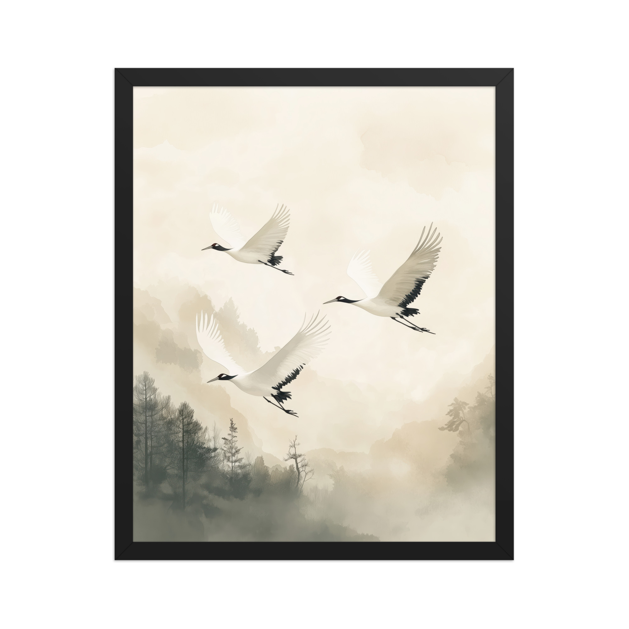 Cranes of Serenity — Misty Forest Flight Bird Wall Art — Framed Poster - Image 5