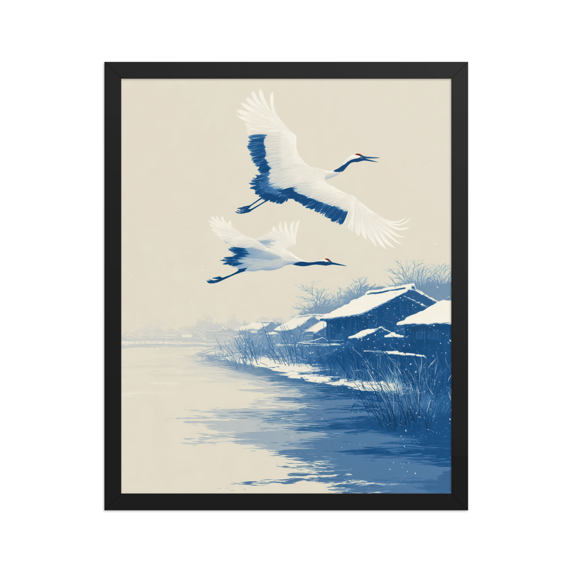 Cranes in Winter Sky — Ukiyo-e Birds over Snowy River Village Wall Art — Framed Poster - Image 4
