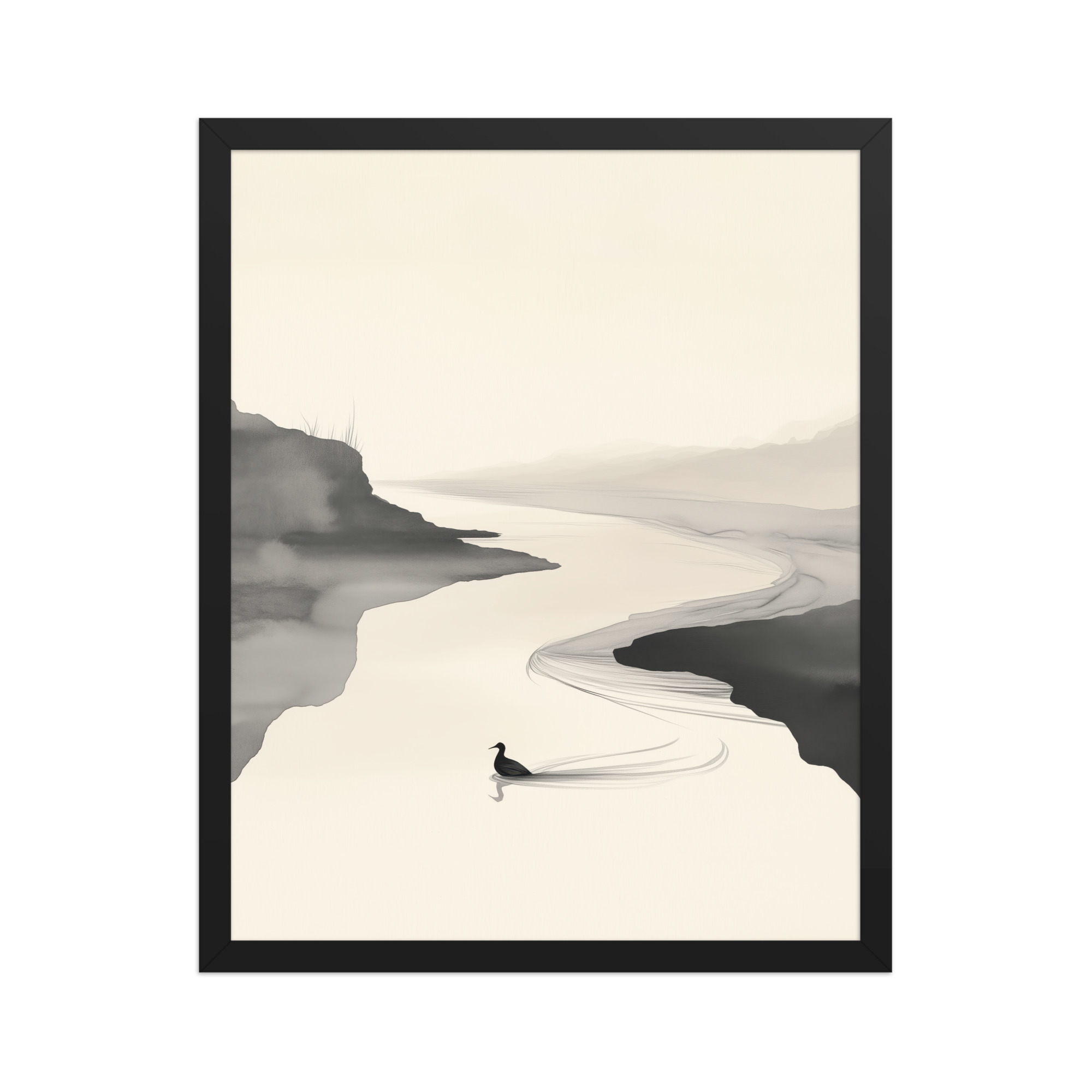 Tranquil River Flow — Minimal Ink Landscape Wall Decor — Framed Poster - Image 6