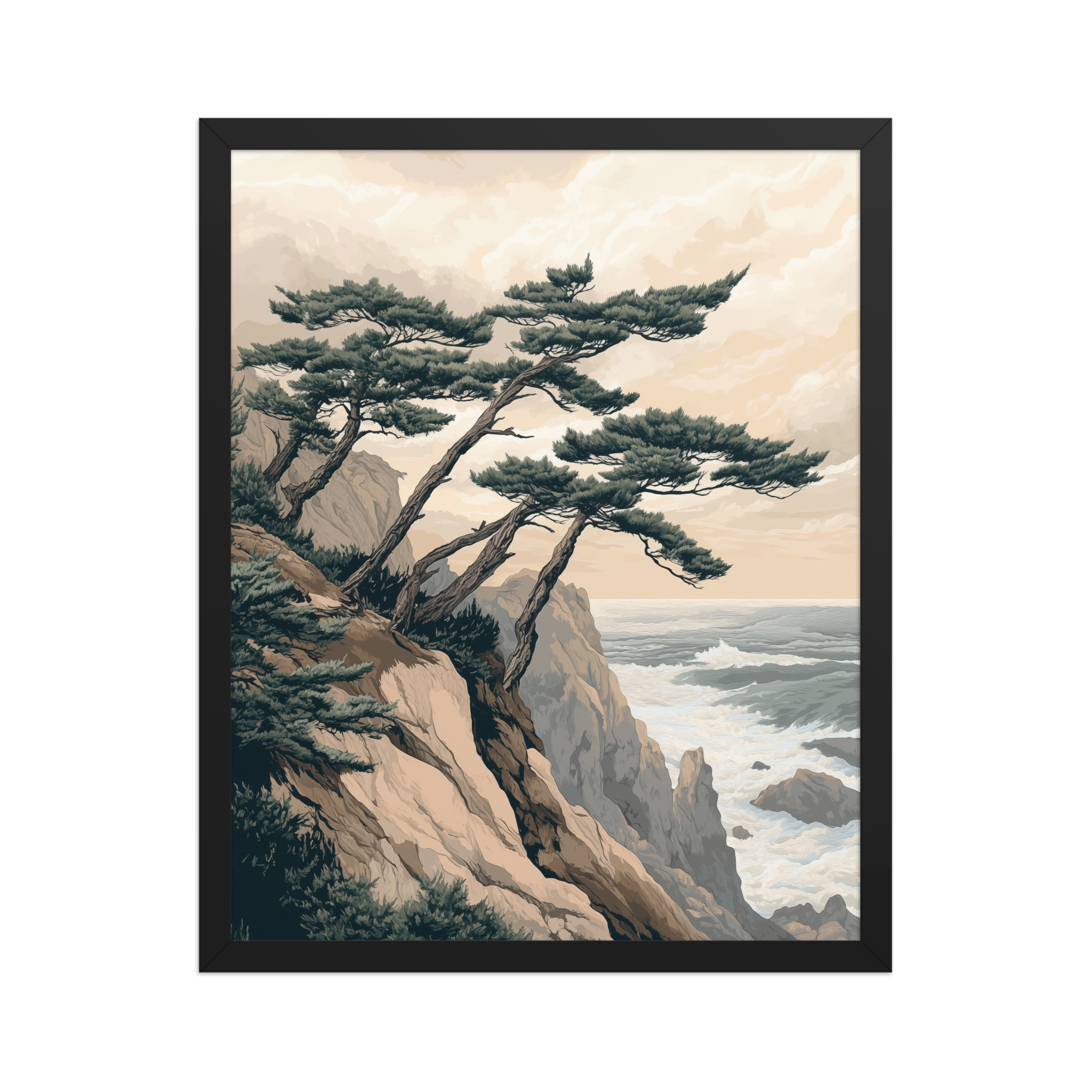 Windswept Pines by the Coast — Japanese Coastal Landscape Wall Decor — Framed Poster - Image 3
