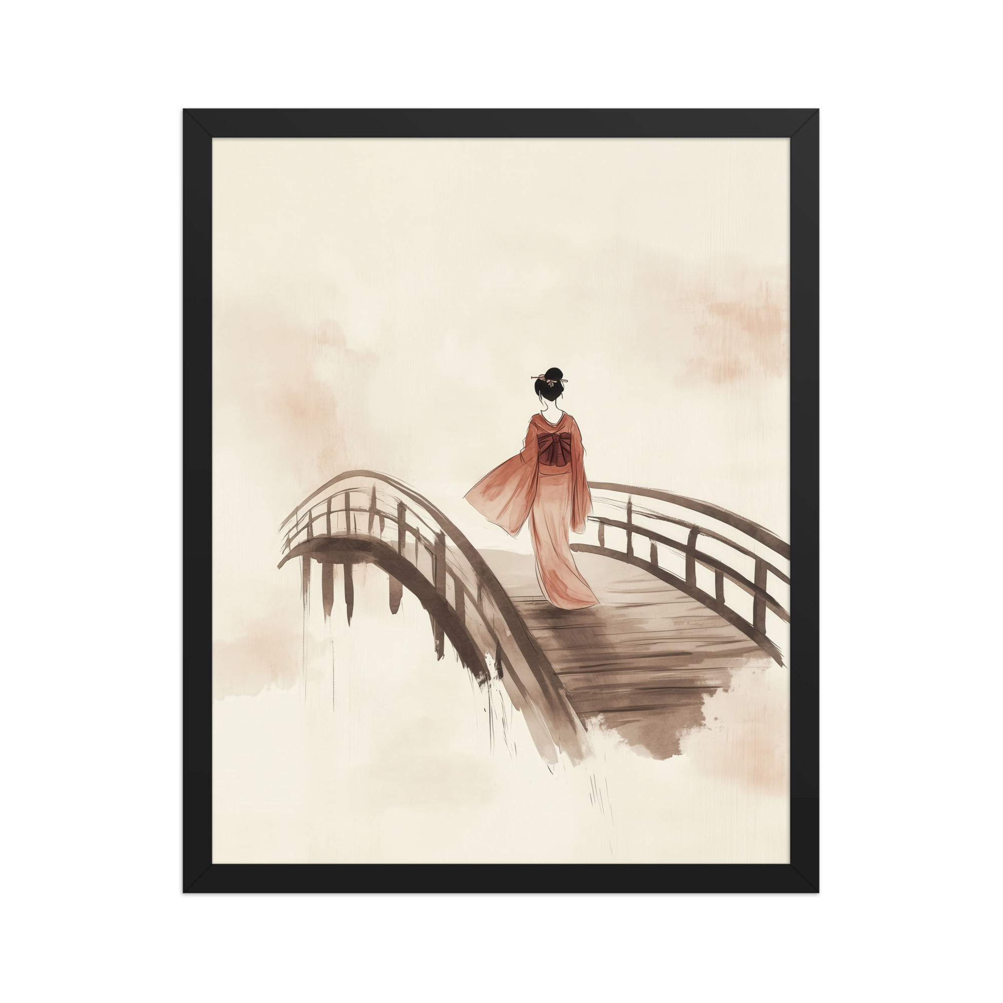 Geisha Bridge — Watercolor Japanese Bridge Wall Art — Framed Poster - Image 3
