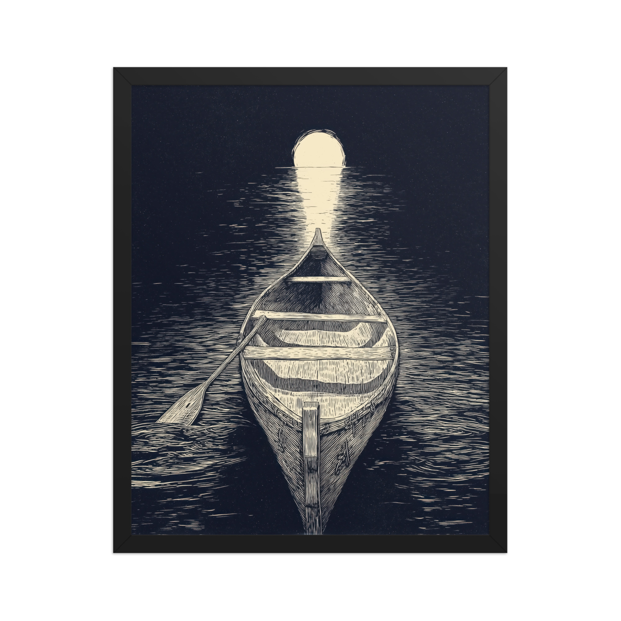 Moonlit Canoe — Woodcut Night Lake Wall Art — Framed Poster - Image 4