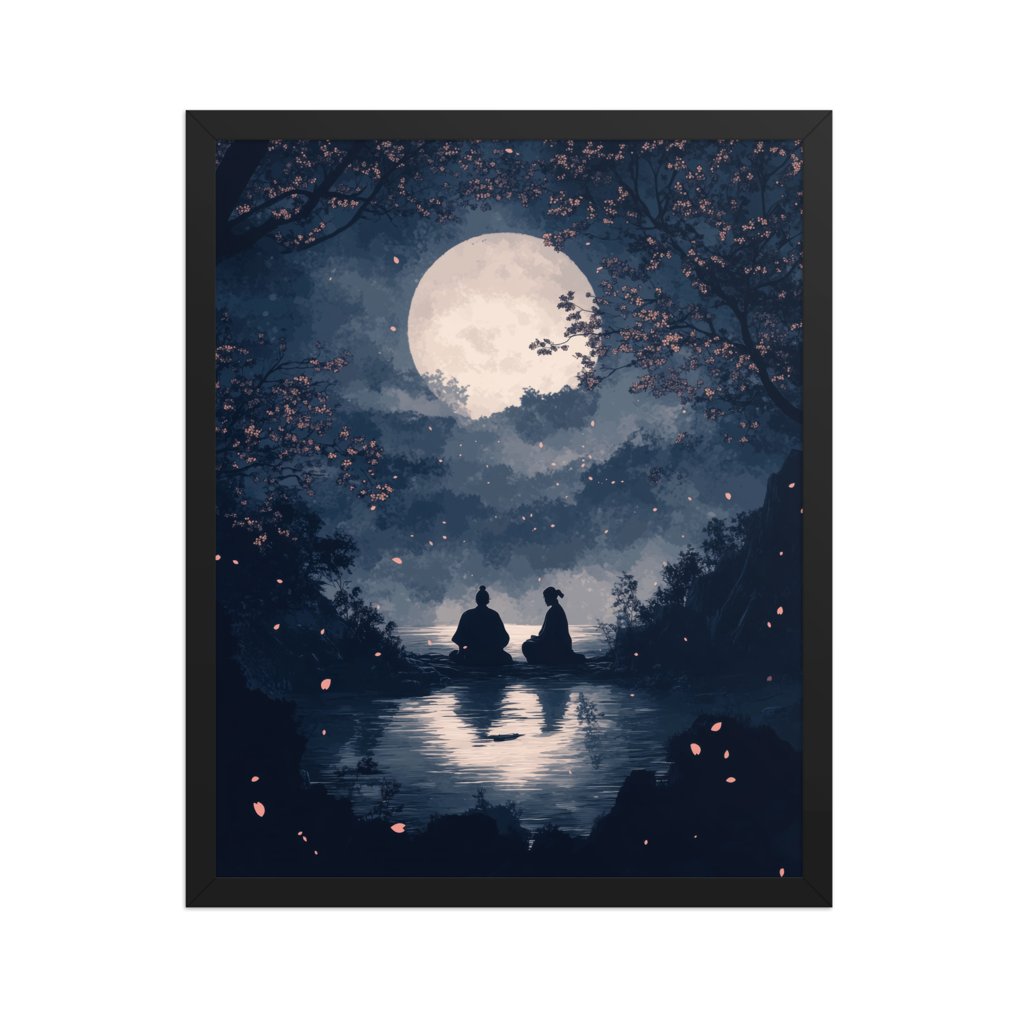 Midnight Reflections — Moonlit Lake Sakura Wall Art — Framed Poster - Image 5