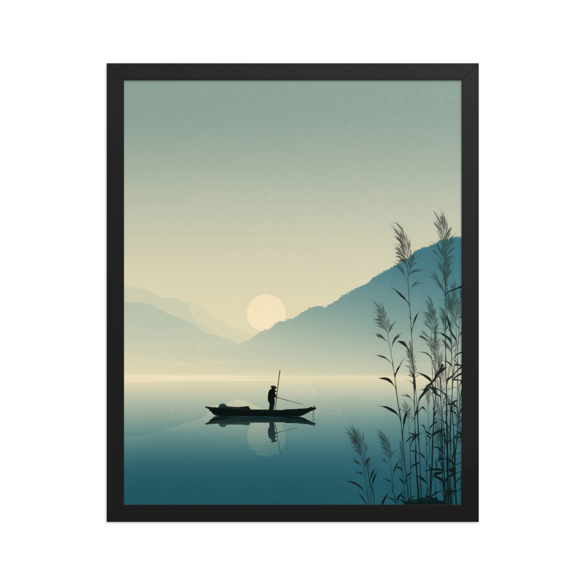 Twilight Fisherman — Zen Lake Landscape Wall Art — Framed Poster - Image 3