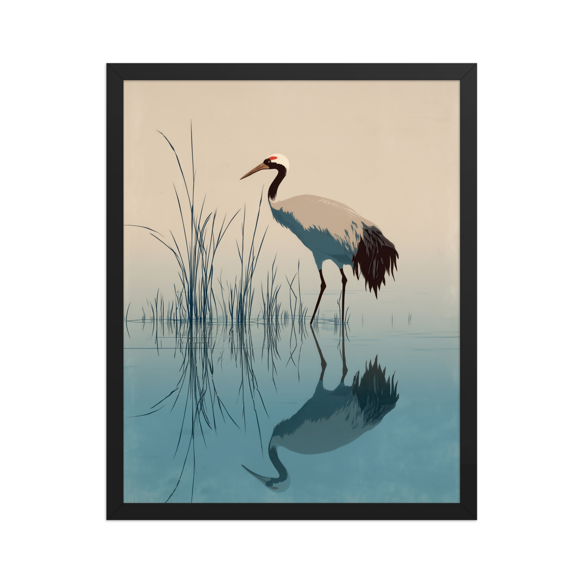 Crane and Reflection Stillness – Minimal Ukiyo-e Bird Wall Art – Framed Poster - Image 6