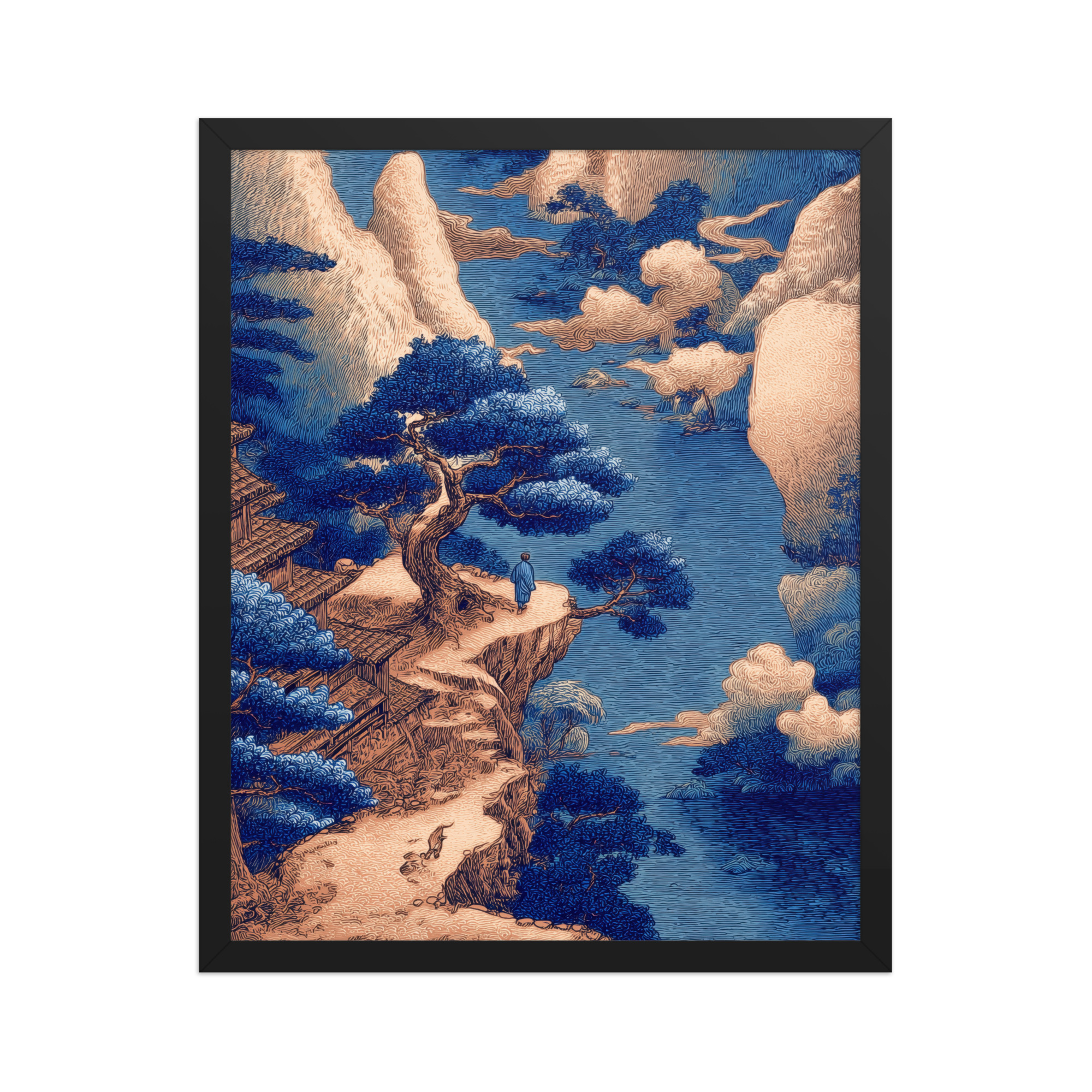 Cliffside Temple View – Blue Ukiyo-e Landscape Wall Art – Framed Poster - Image 6