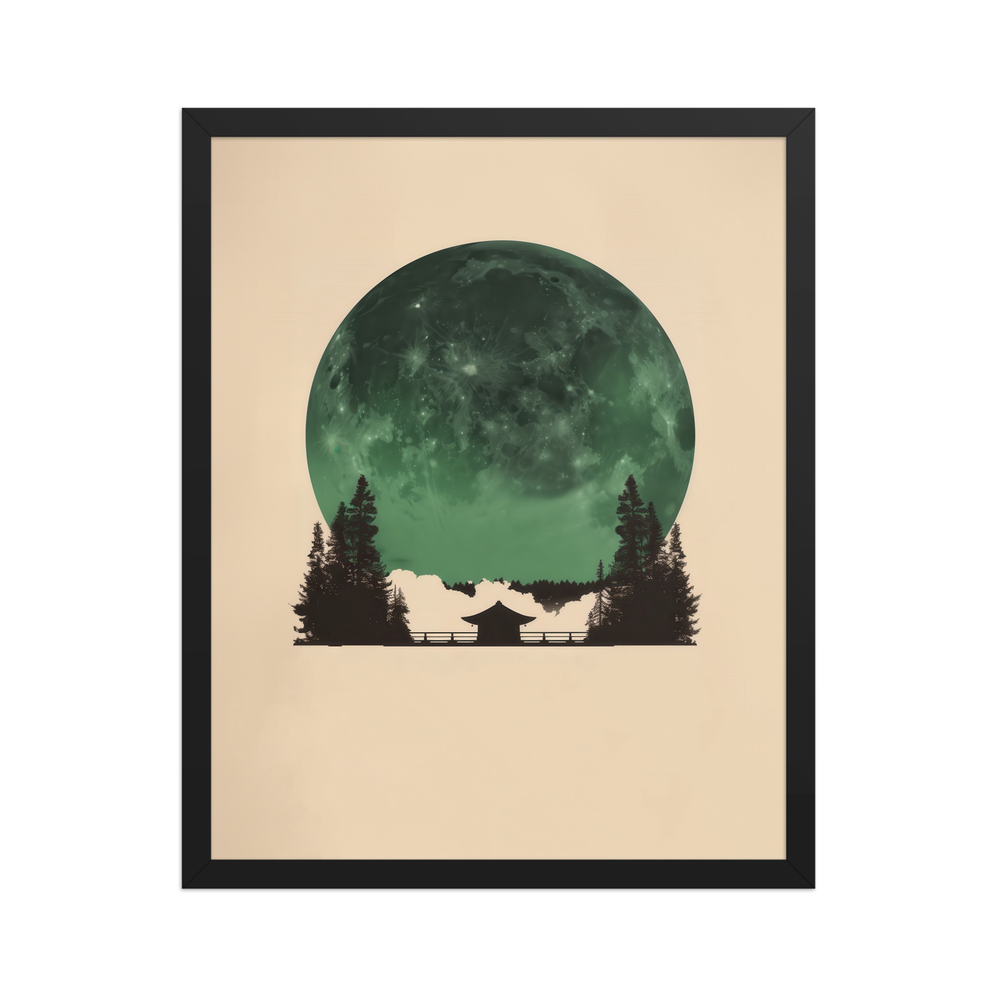 Emerald Moon Temple — Japandi Silhouette Wall Art — Framed Poster - Image 6