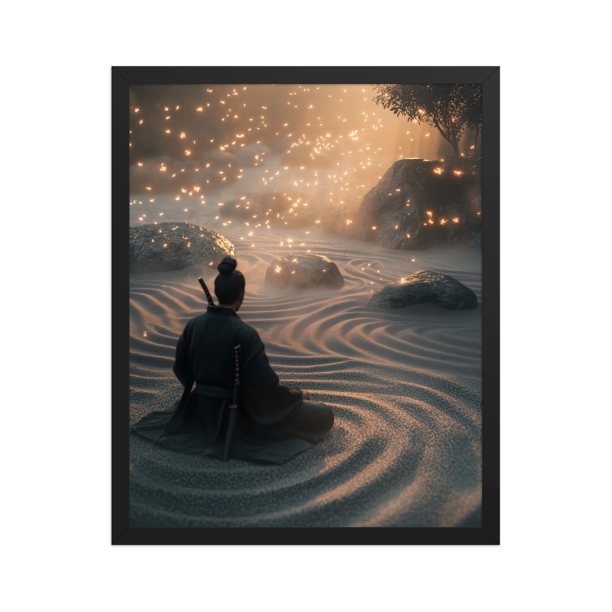 Zen Samurai – Fireflies in Zen Garden Japandi Samurai Wall Art – Framed Poster - Image 4