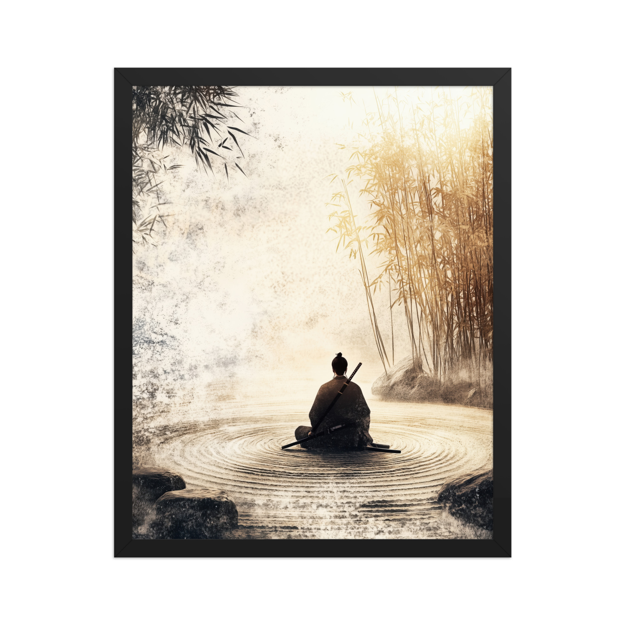 Zen Samurai in Bamboo Light – Neutral Sumi-e Ink Samurai Meditation Wall Art – Framed Poster - Image 4