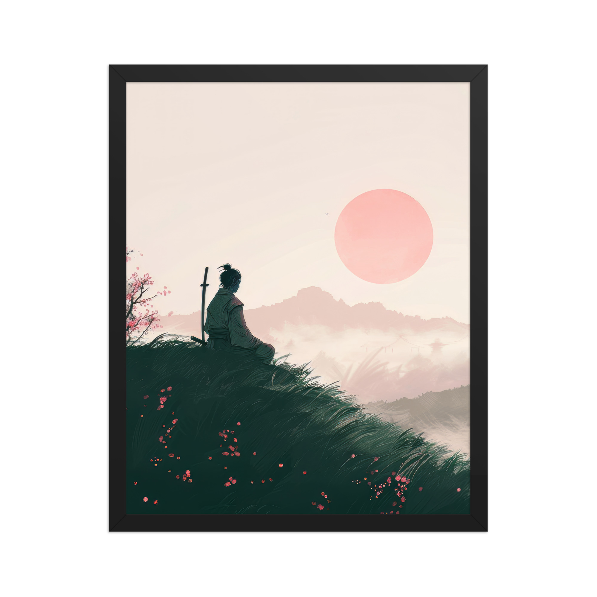 Samurai at Dawn – Pink Sun Over Hills Quiet Strength at Daybreak Wall Decor – Framed Poster - Image 5