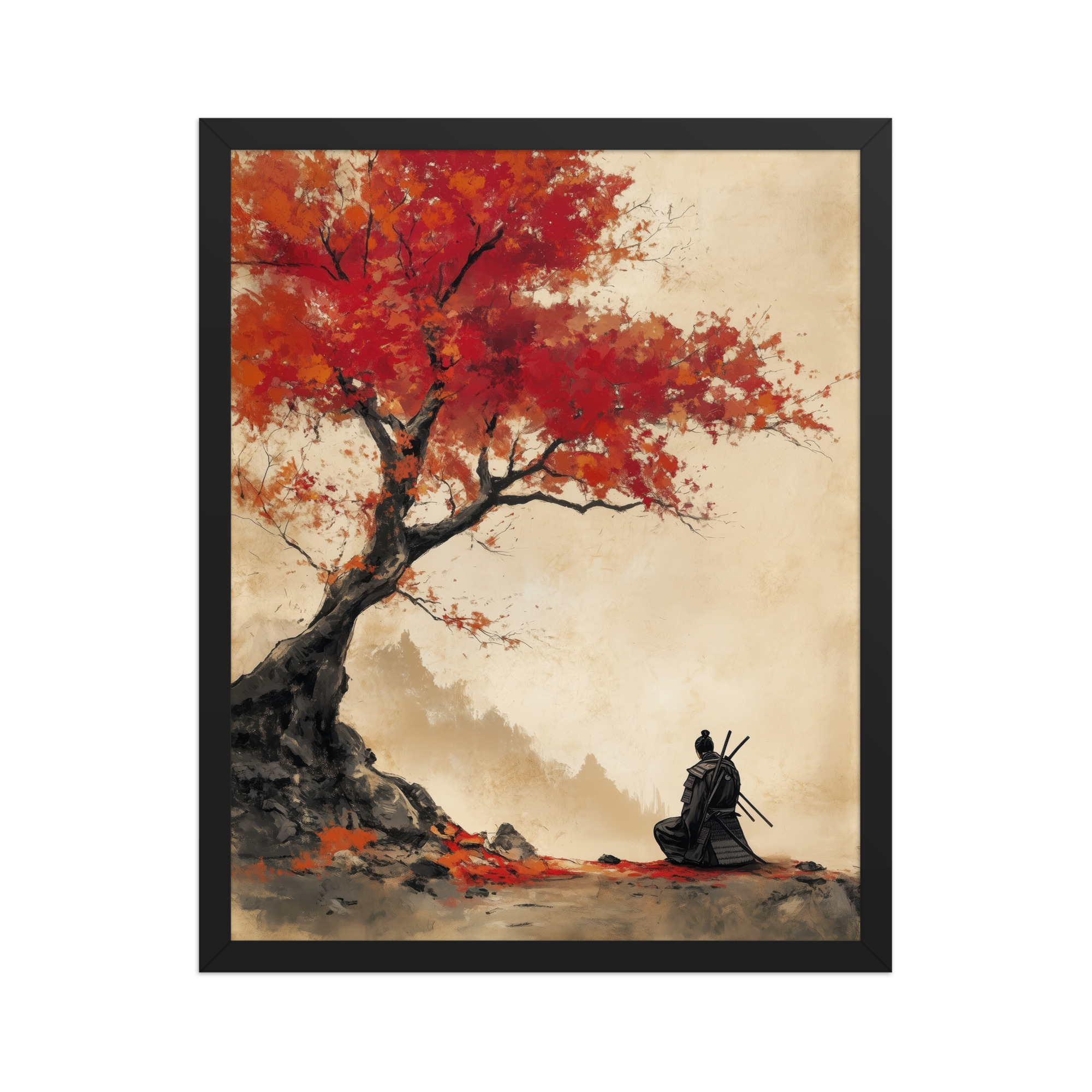 Autumn Warrior – Samurai Beneath Crimson Maple Leaves Wall Decor – Framed Poster - Image 4