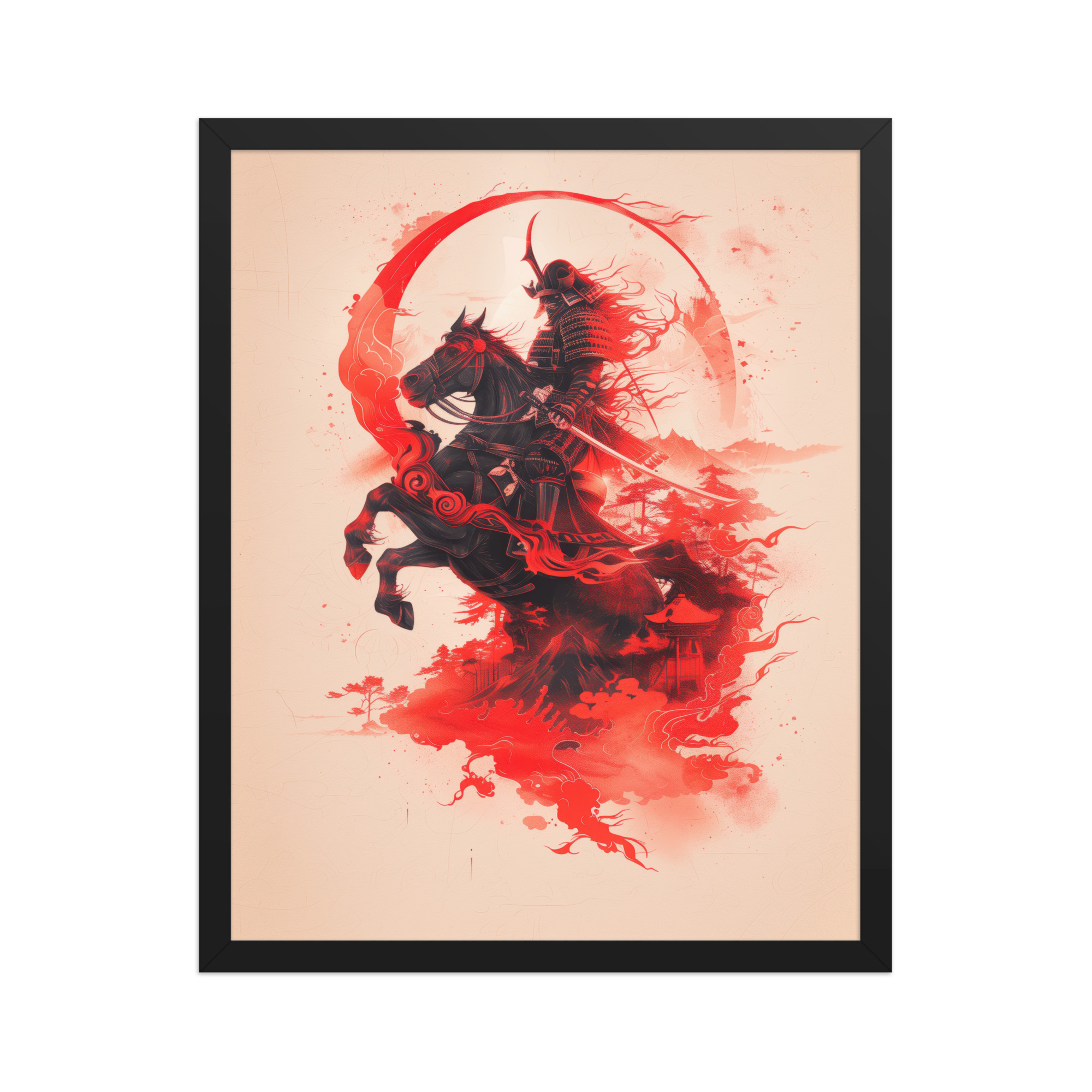 Crimson Charge – Samurai on Horseback Flaming Arc of Courage Wall Art – Framed Poster - Image 3