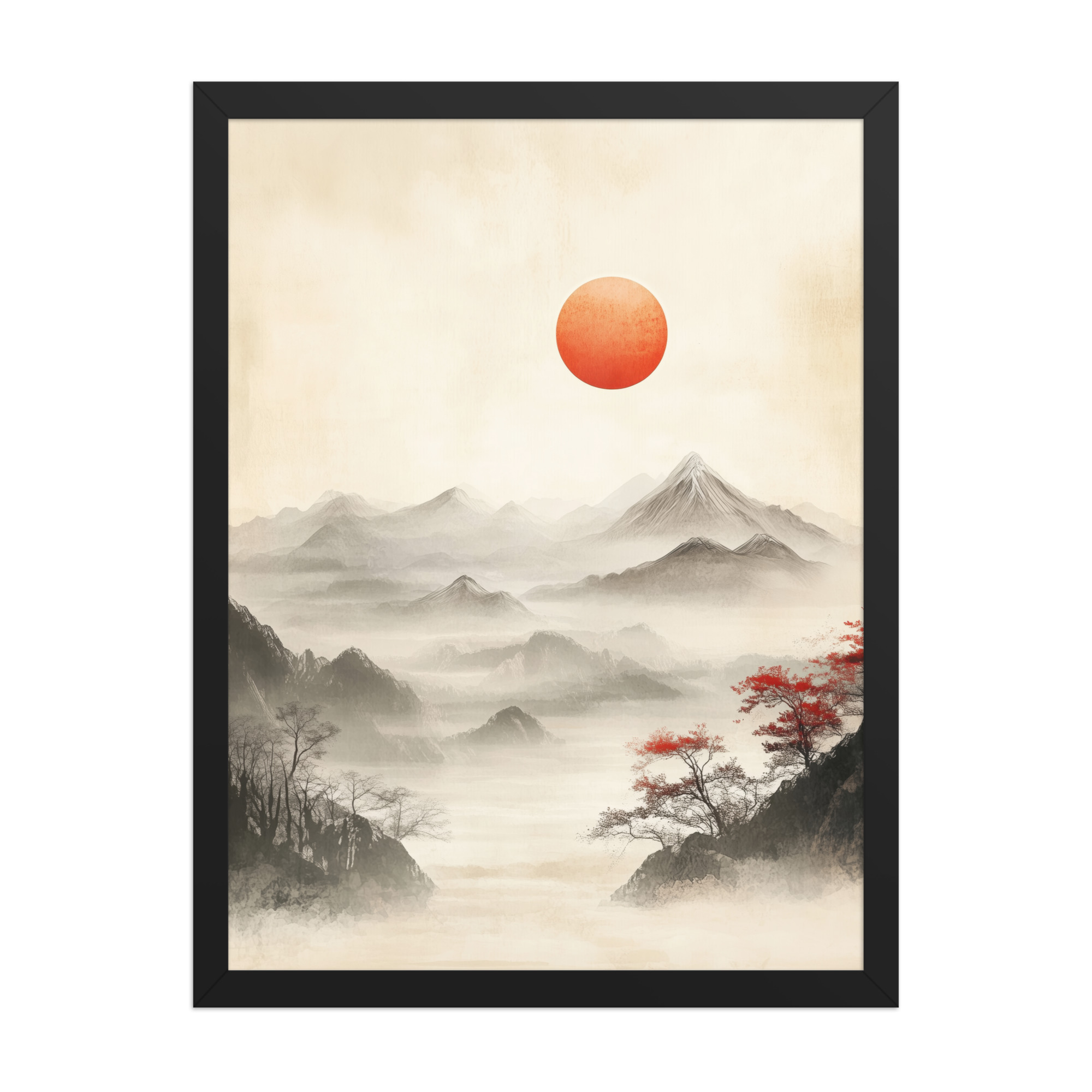 Red Sun Over Silent Peaks — Misty Ink Mountain Landscape Wall Art — Framed Poster - Image 6