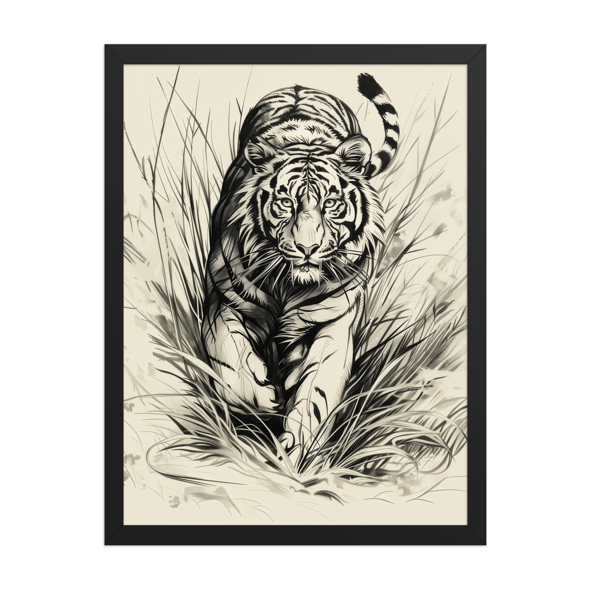 Tiger in Brush — Monochrome Ink Bengal Tiger Wall Art — Framed Poster - Image 3