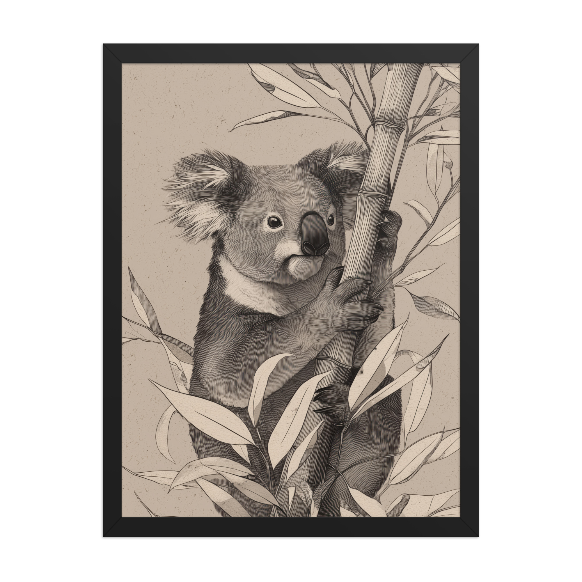 Koala Bamboo II — Detailed Koala Illustration with Bamboo Leaves Wall Decor — Framed Poster - Image 6