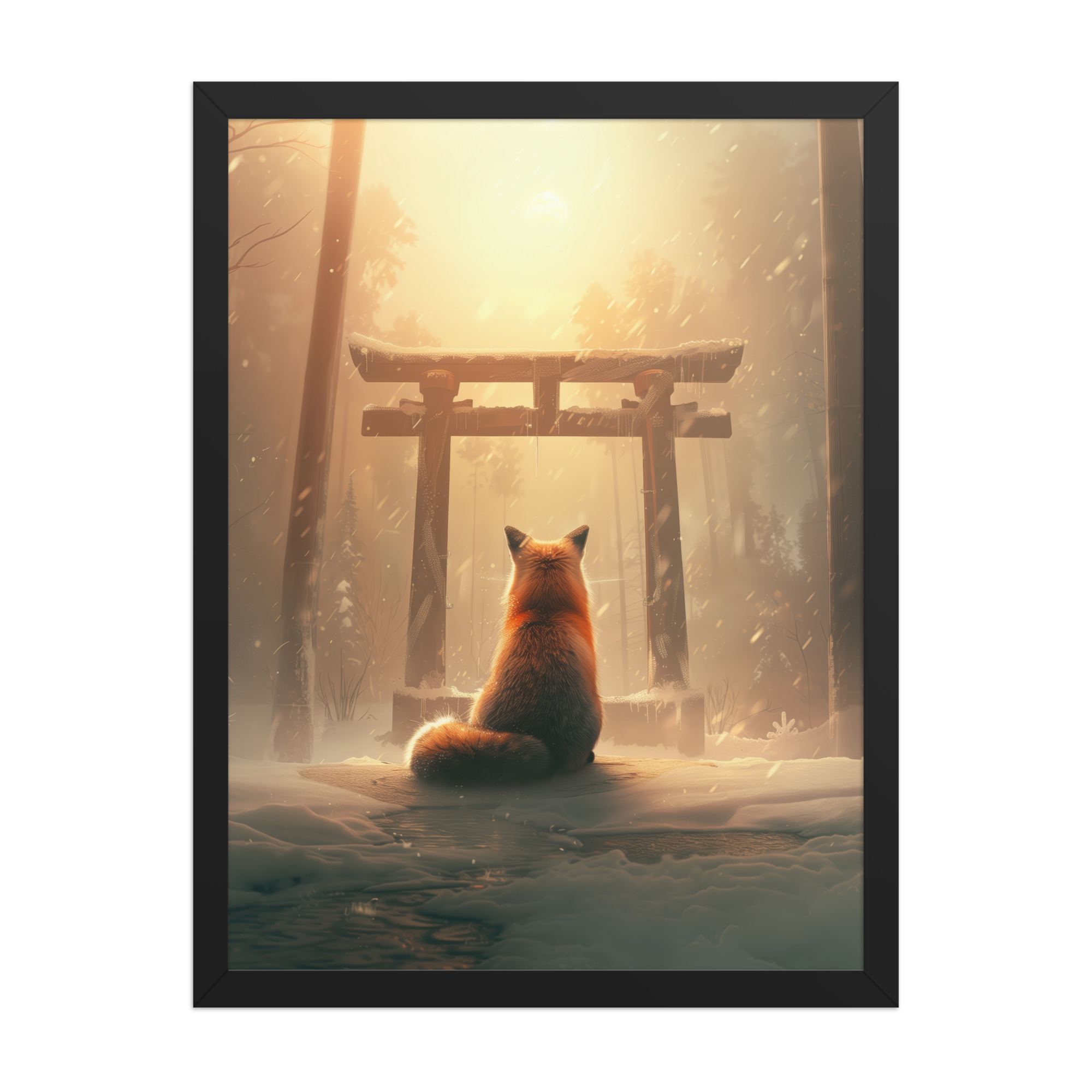 Fox Spirit at Torii — Cinematic Fox in Snowy Shrine Light Wall Decor — Framed Poster - Image 7