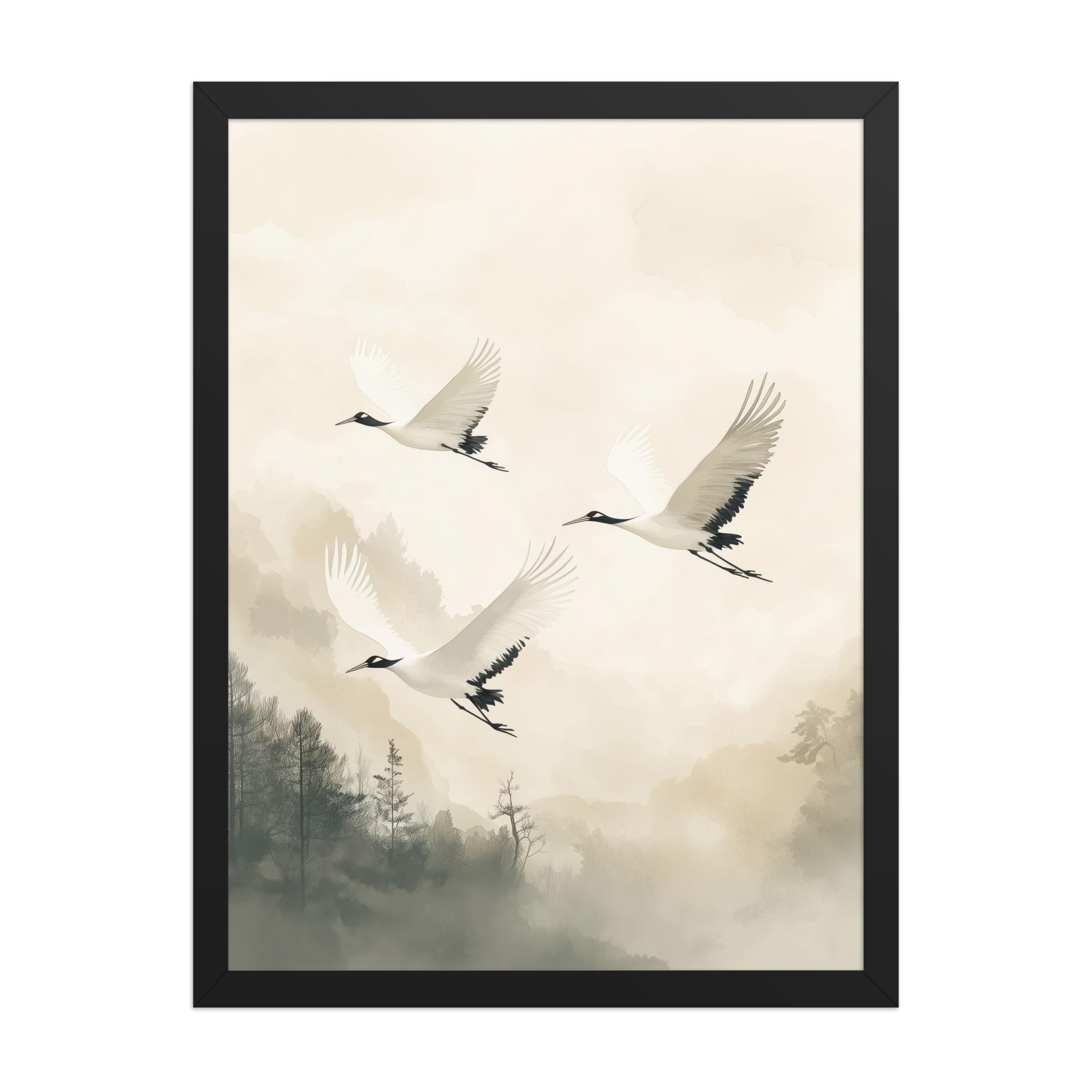Cranes of Serenity — Misty Forest Flight Bird Wall Art — Framed Poster - Image 6