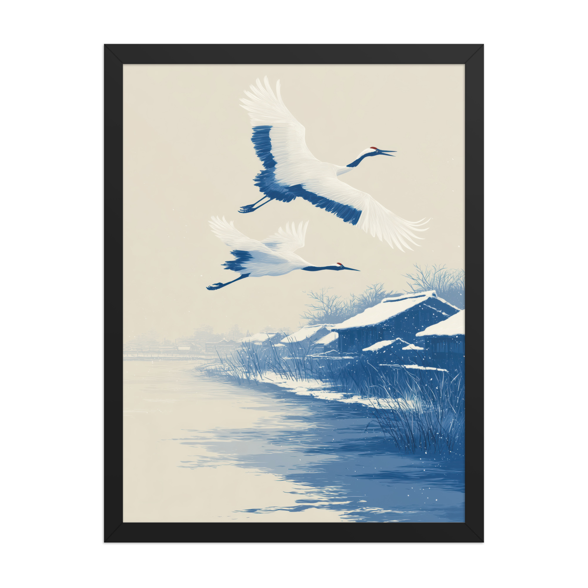 Cranes in Winter Sky — Ukiyo-e Birds over Snowy River Village Wall Art — Framed Poster - Image 5