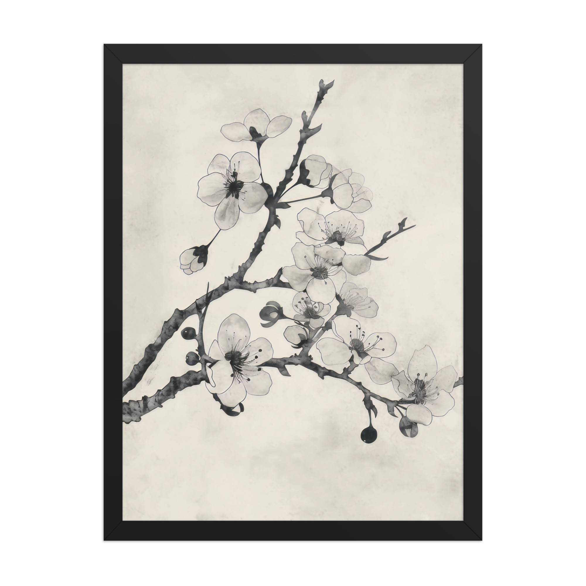 Ink-Wash Cherry Blossoms — Sumi-e Floral Ink Wall Art — Framed Poster - Image 2