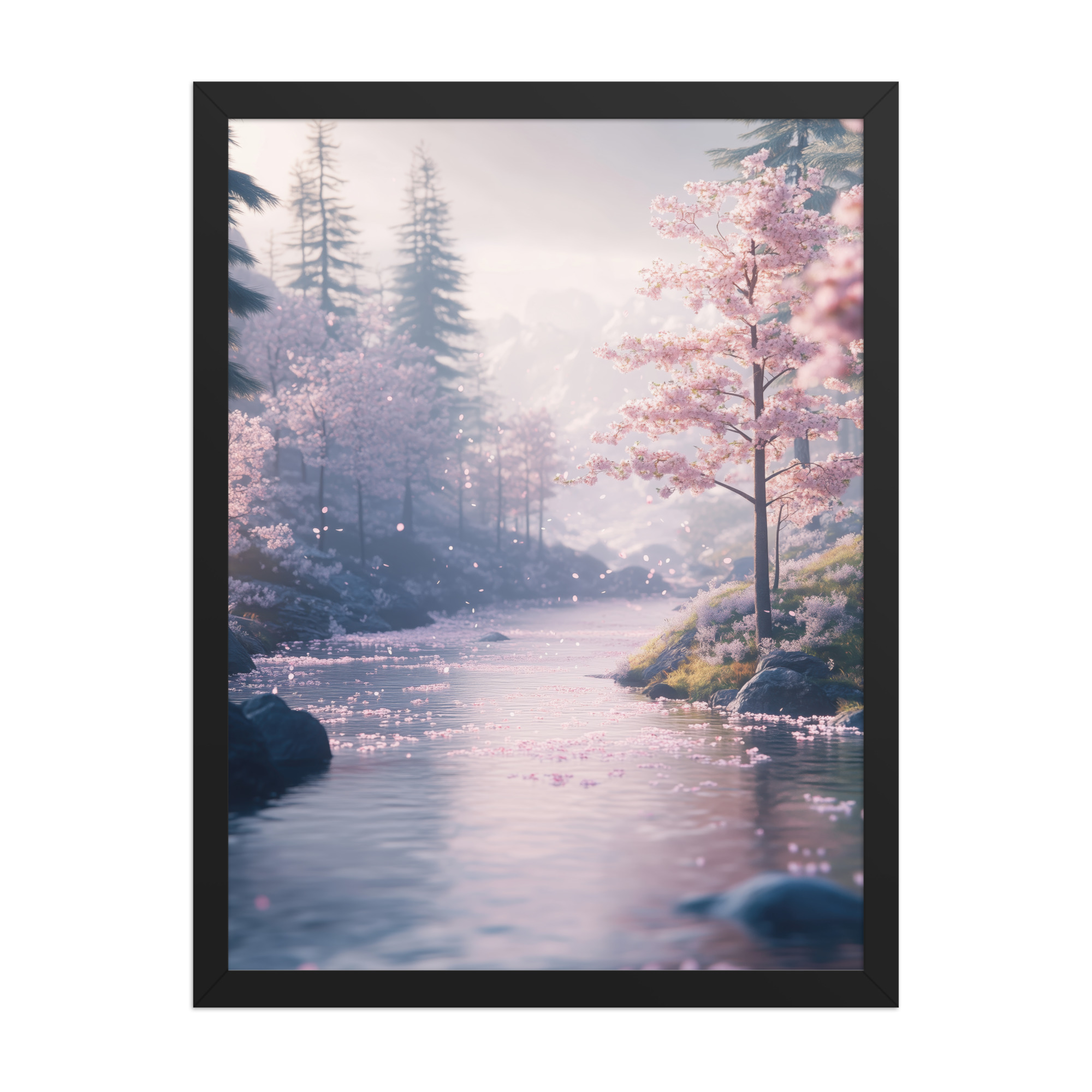 Nordic River Flow — Cherry Blossom Landscape Wall Decor — Framed Poster - Image 6