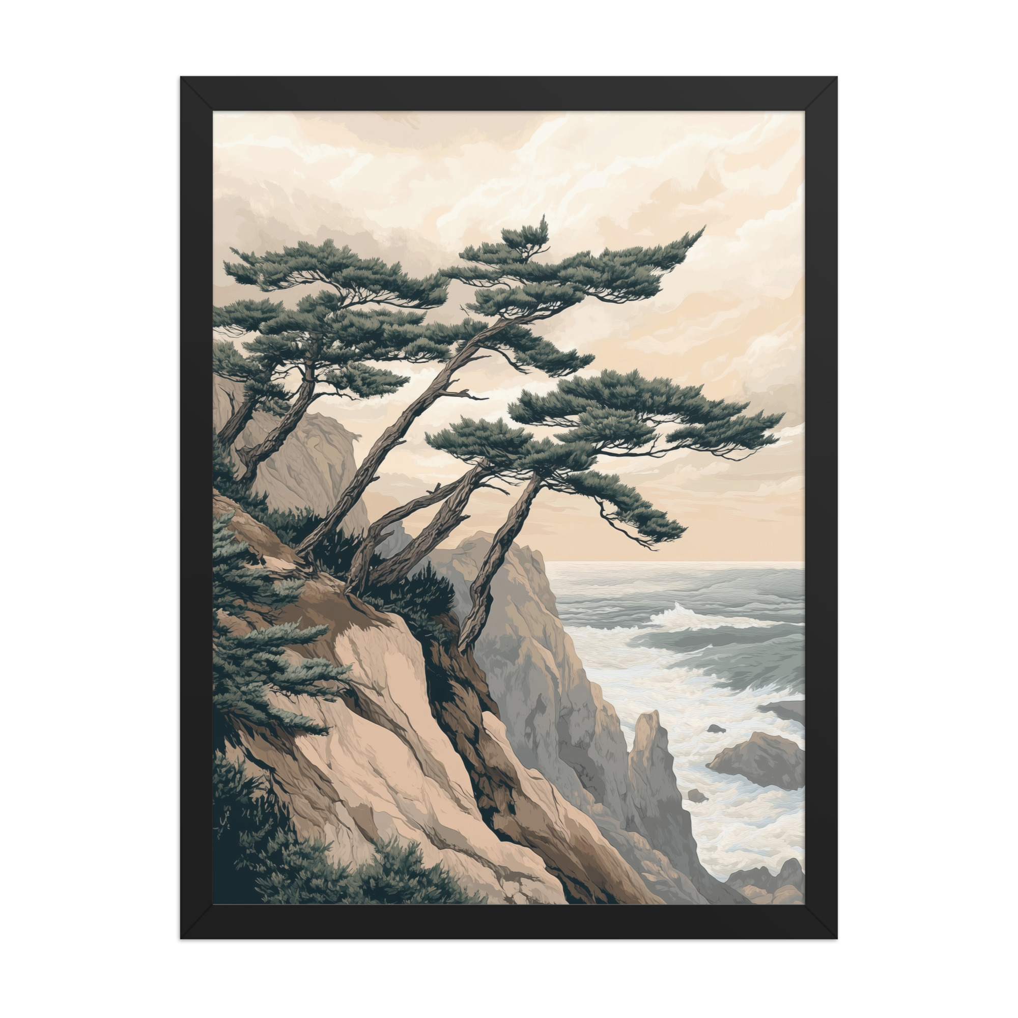 Windswept Pines by the Coast — Japanese Coastal Landscape Wall Decor — Framed Poster - Image 4
