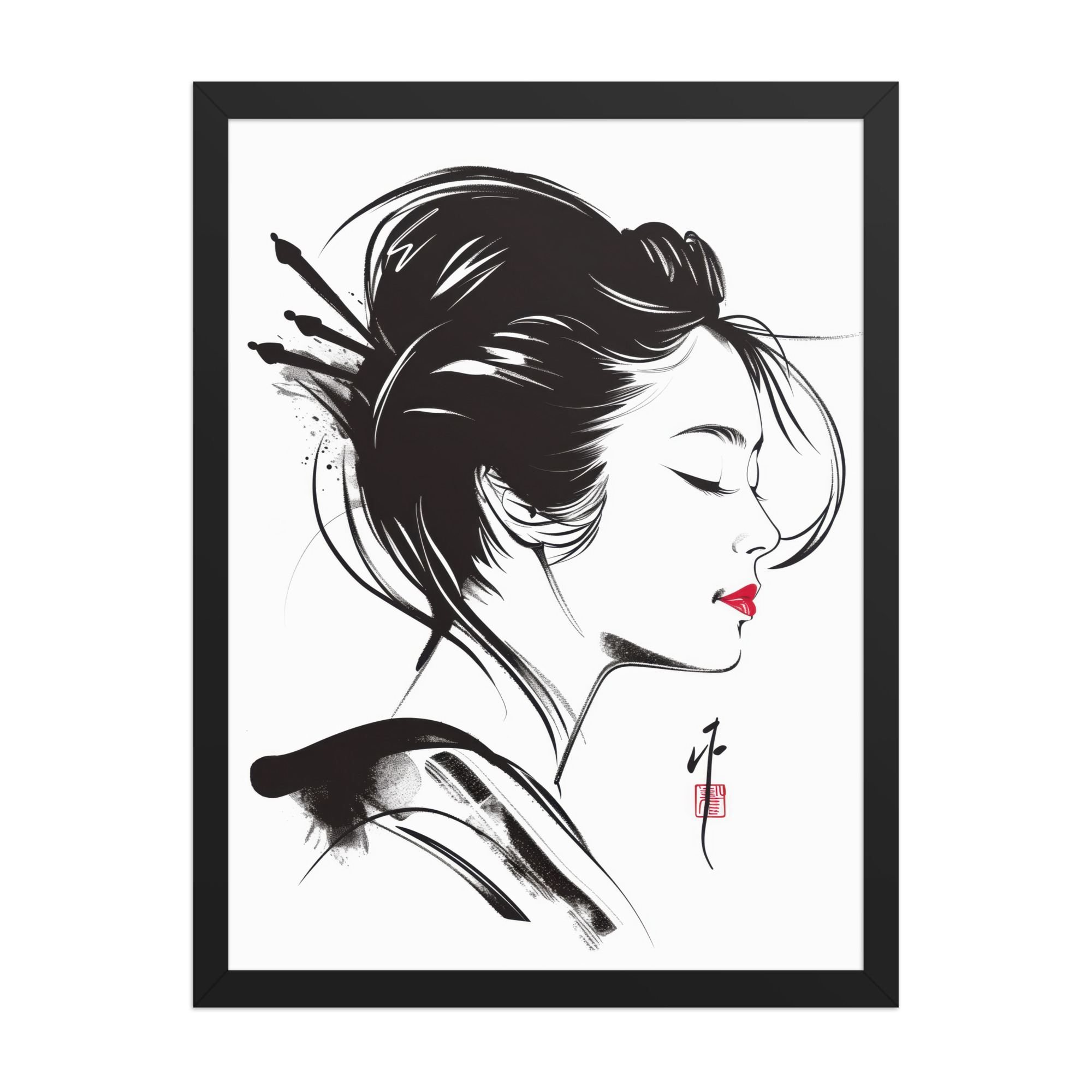Geisha Profile — Minimal Sumi-e Geisha Portrait Wall Art — Framed Poster - Image 3