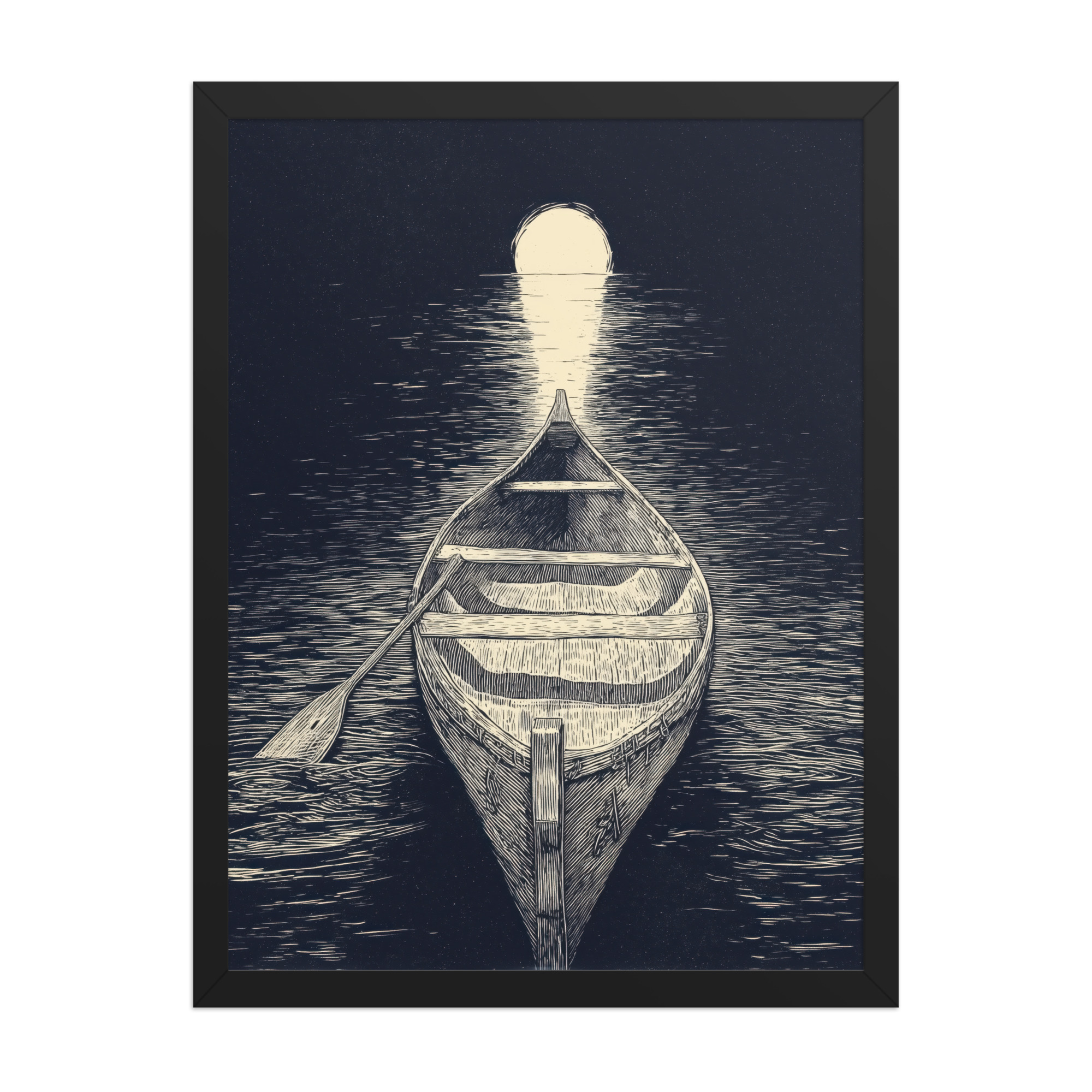 Moonlit Canoe — Woodcut Night Lake Wall Art — Framed Poster - Image 5