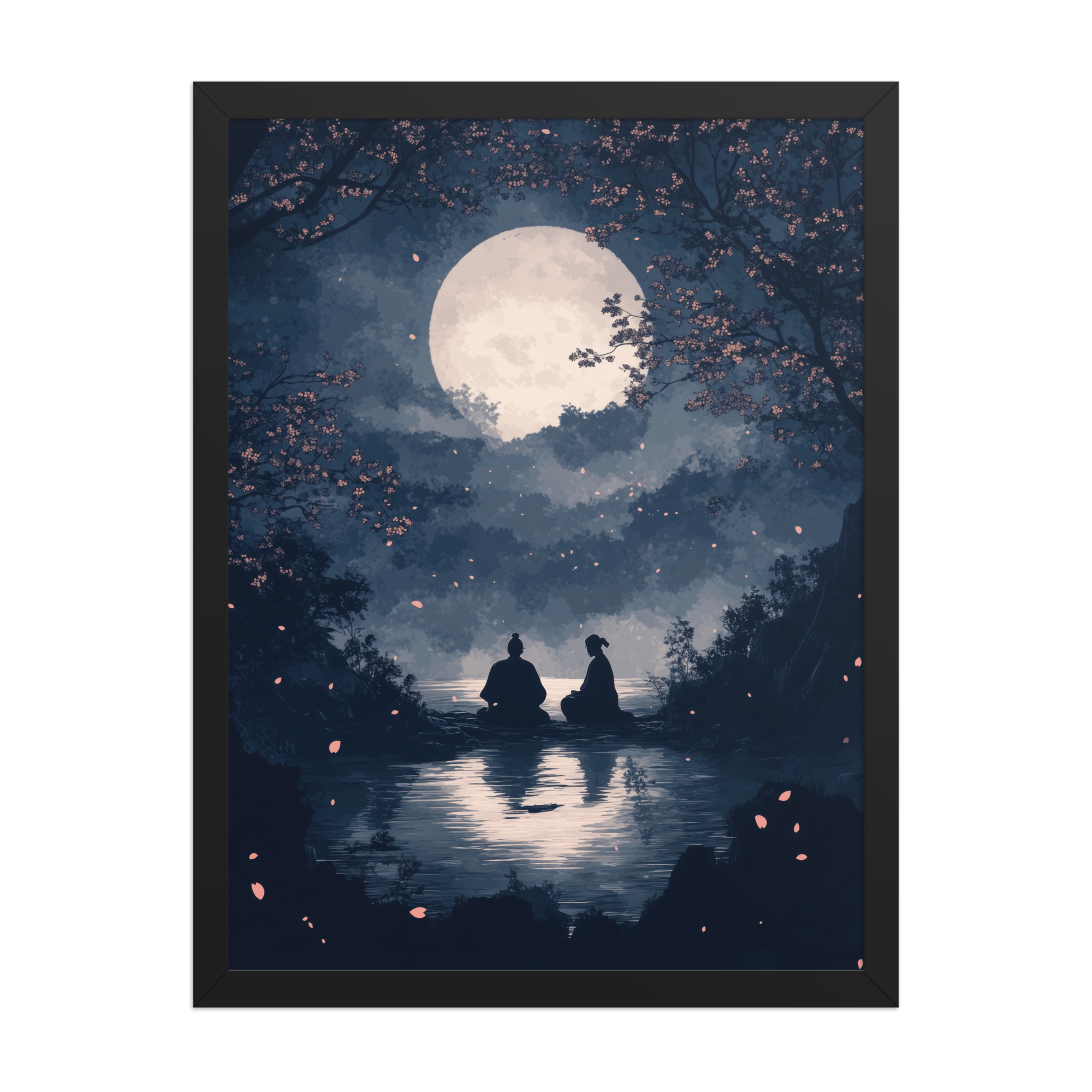 Midnight Reflections — Moonlit Lake Sakura Wall Art — Framed Poster - Image 6