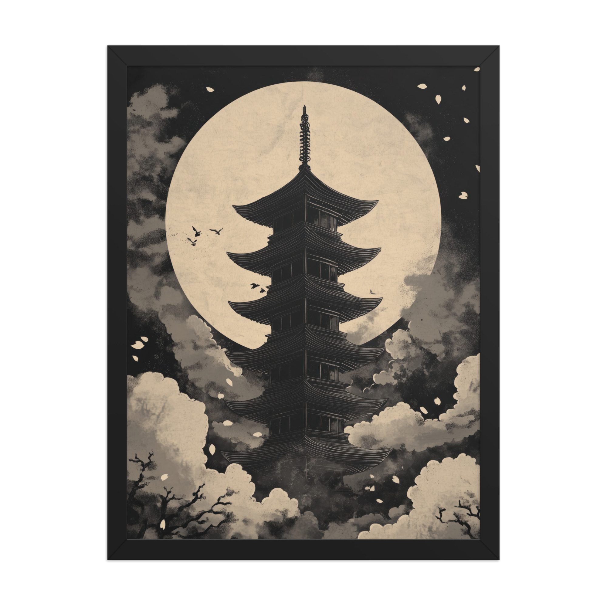 Moonlit Zen Pagoda — Monochrome Pagoda, Japanese Night Wall Art — Framed Poster - Image 5