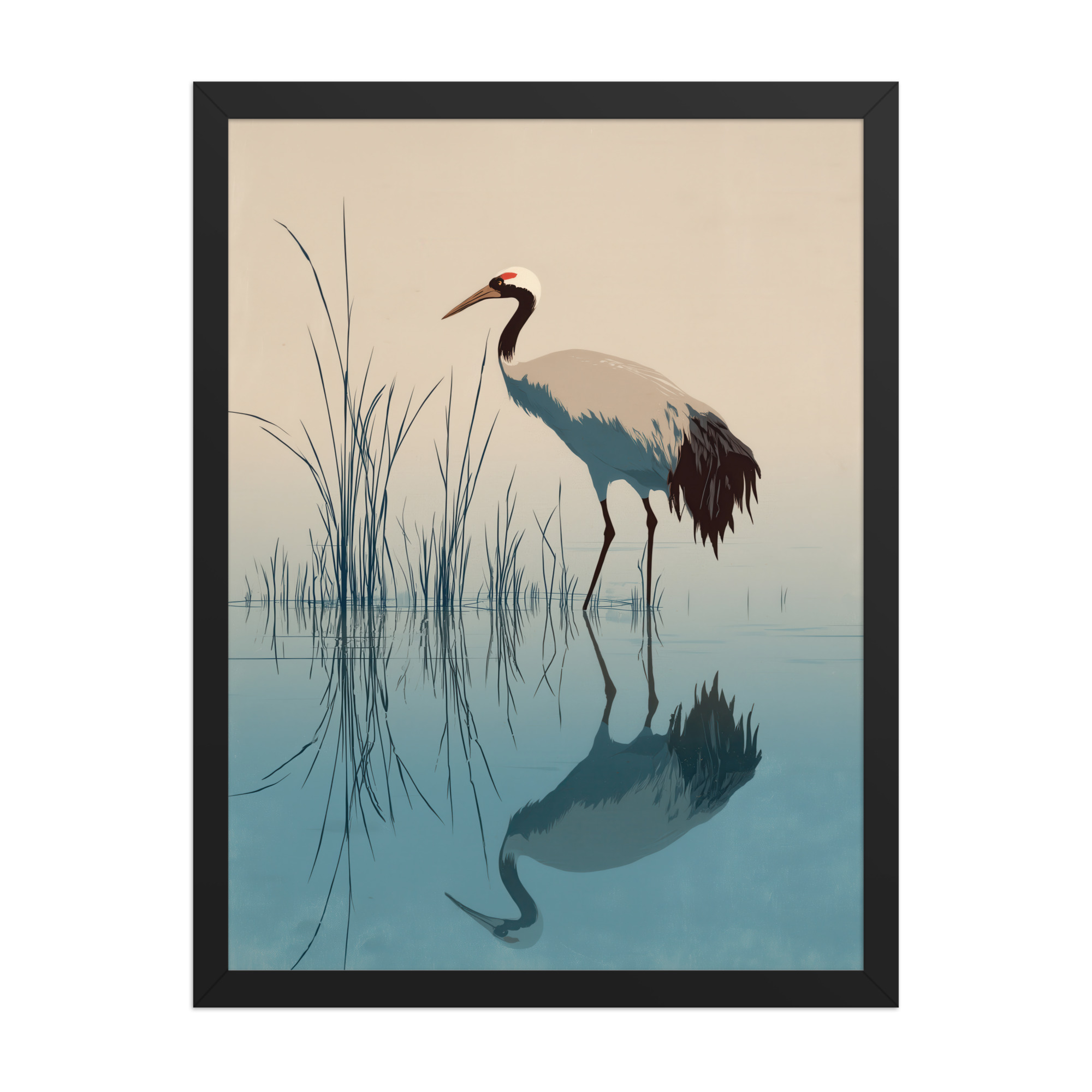 Crane and Reflection Stillness – Minimal Ukiyo-e Bird Wall Art – Framed Poster - Image 7