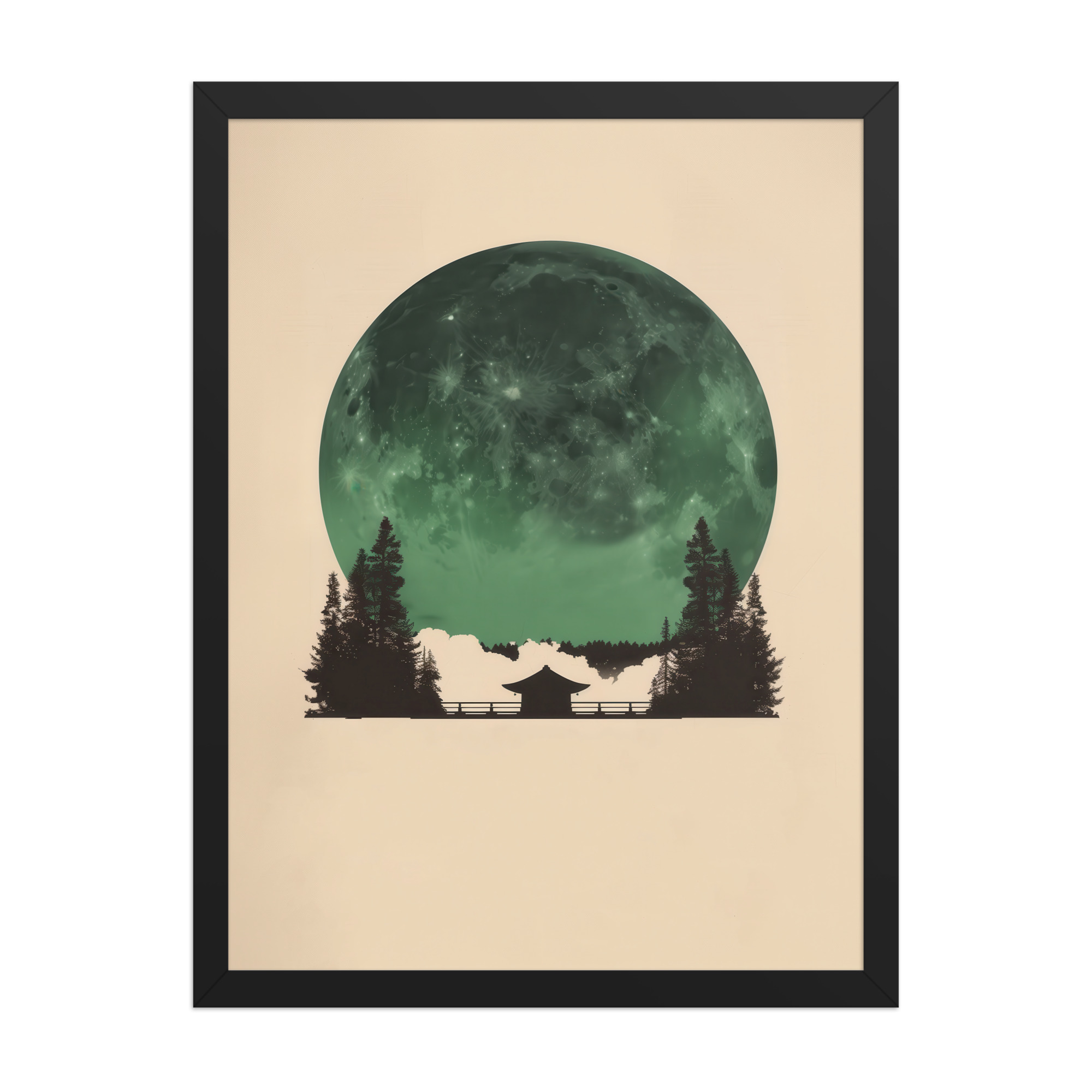 Emerald Moon Temple — Japandi Silhouette Wall Art — Framed Poster - Image 7