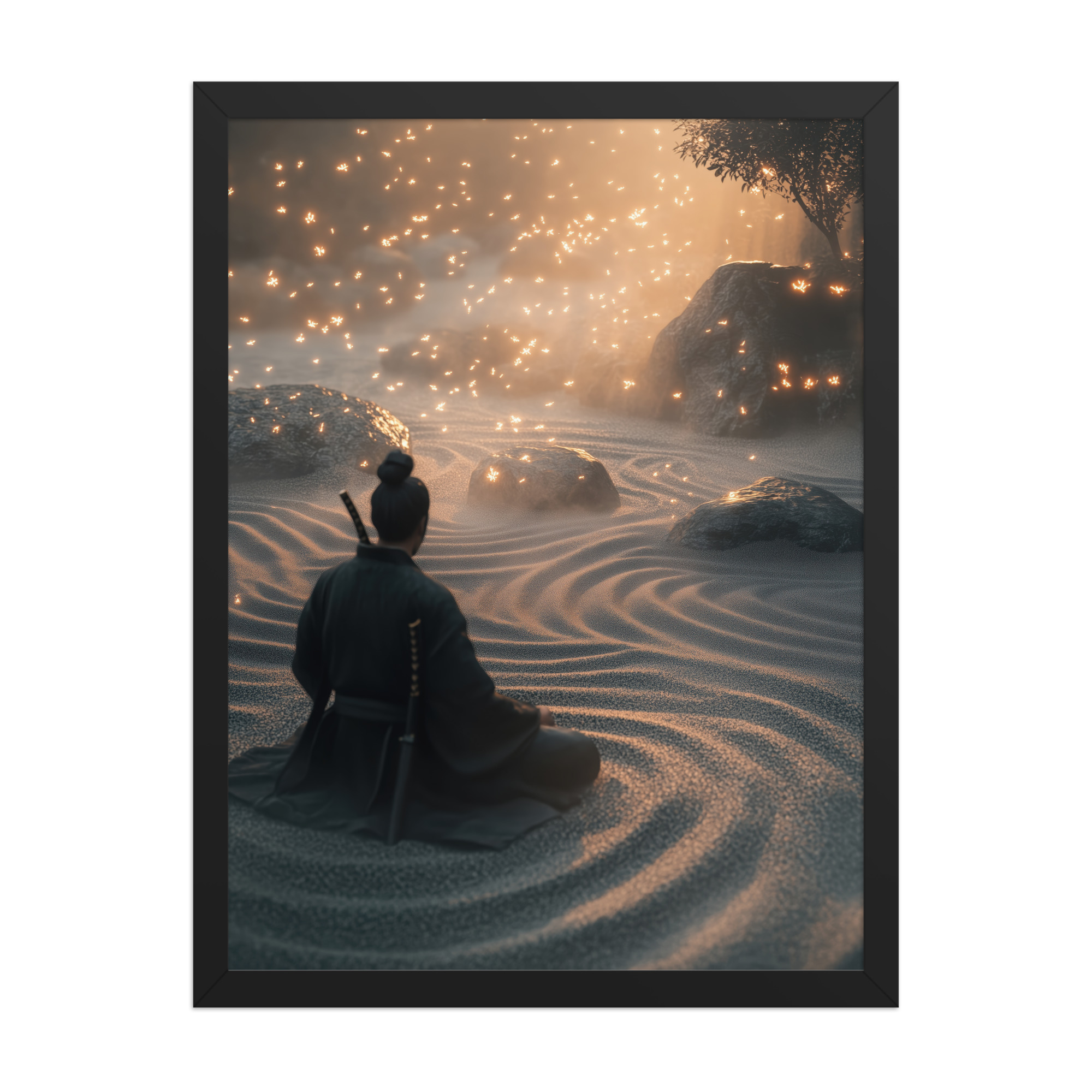 Zen Samurai – Fireflies in Zen Garden Japandi Samurai Wall Art – Framed Poster - Image 5