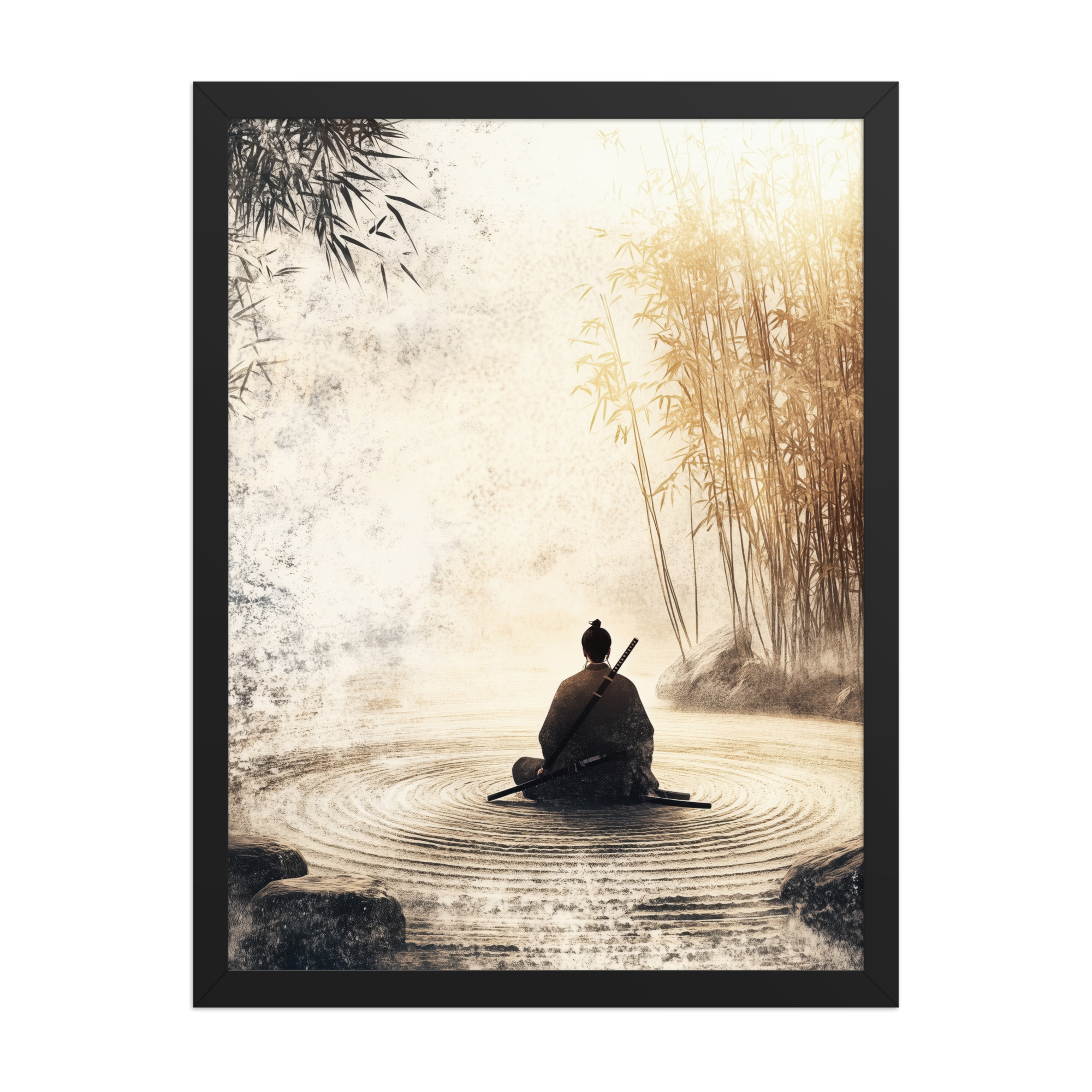 Zen Samurai in Bamboo Light – Neutral Sumi-e Ink Samurai Meditation Wall Art – Framed Poster - Image 5