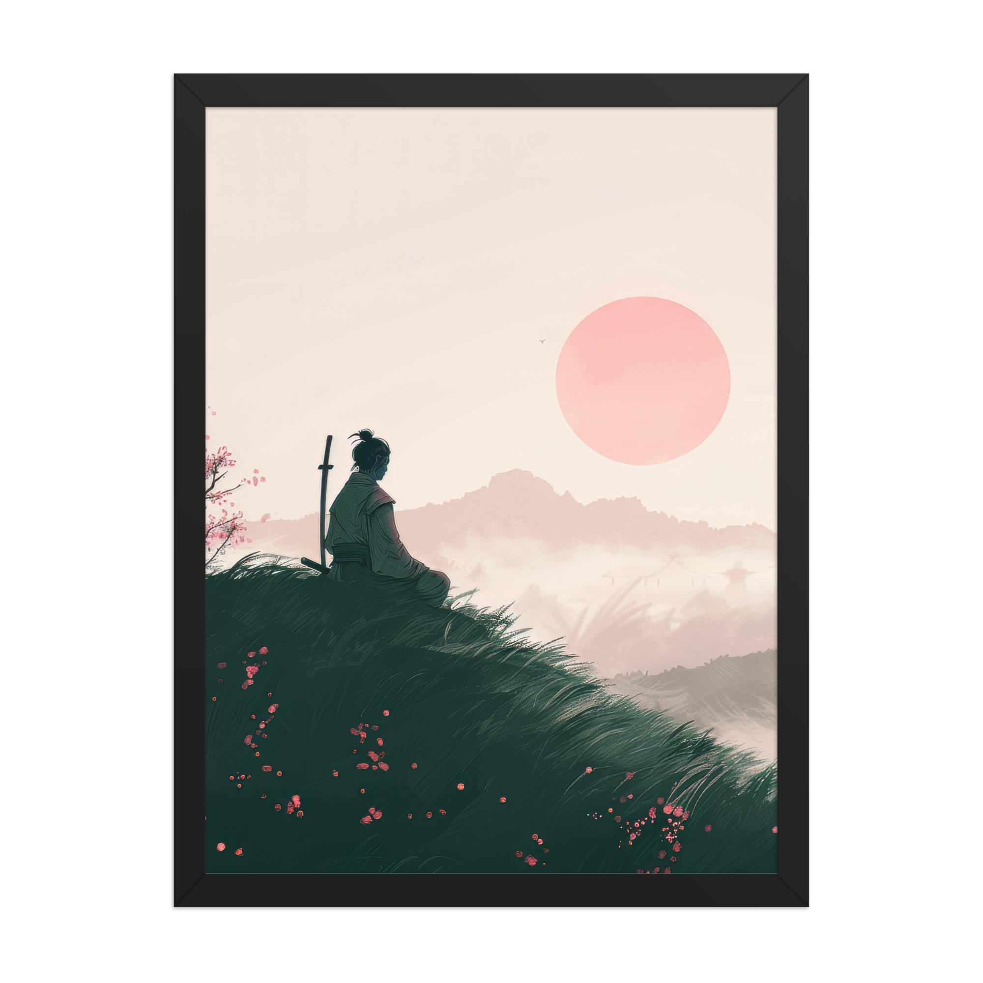 Samurai at Dawn – Pink Sun Over Hills Quiet Strength at Daybreak Wall Decor – Framed Poster - Image 6