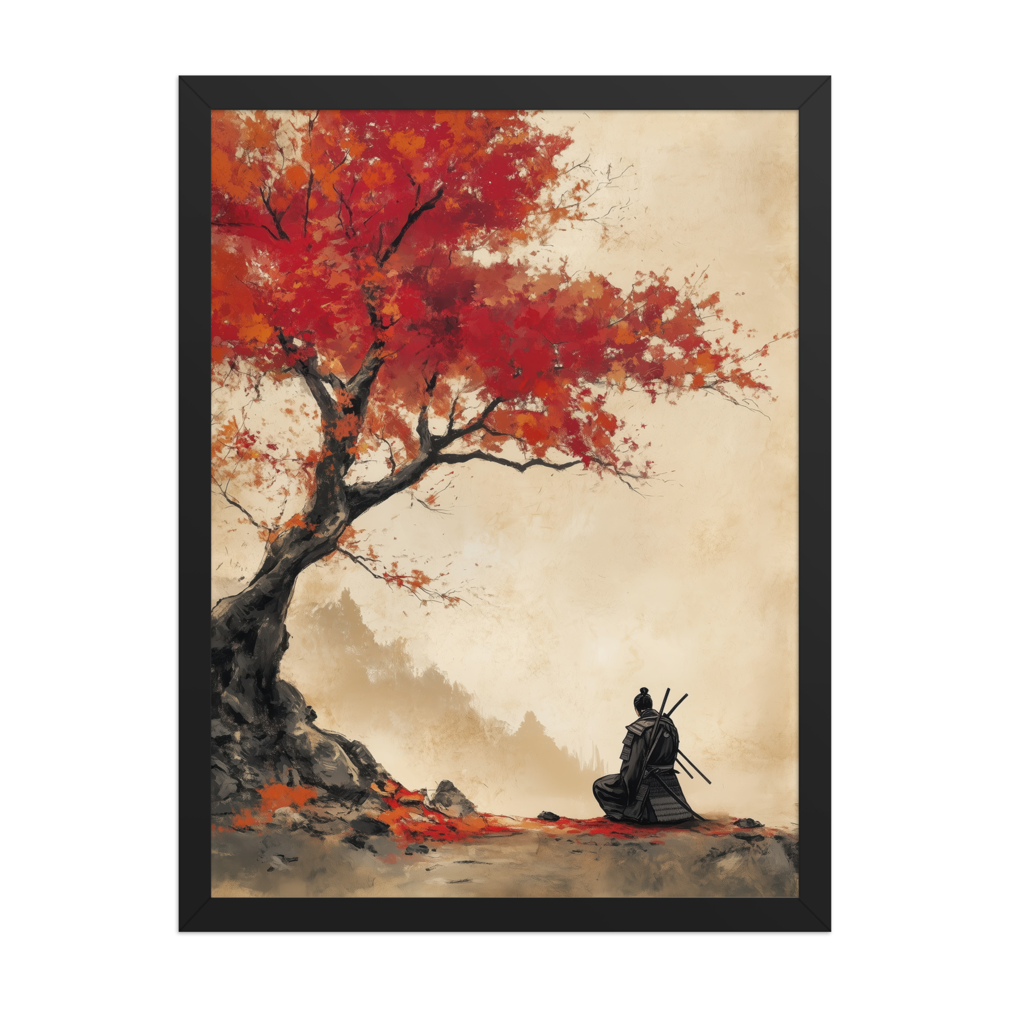 Autumn Warrior – Samurai Beneath Crimson Maple Leaves Wall Decor – Framed Poster - Image 5