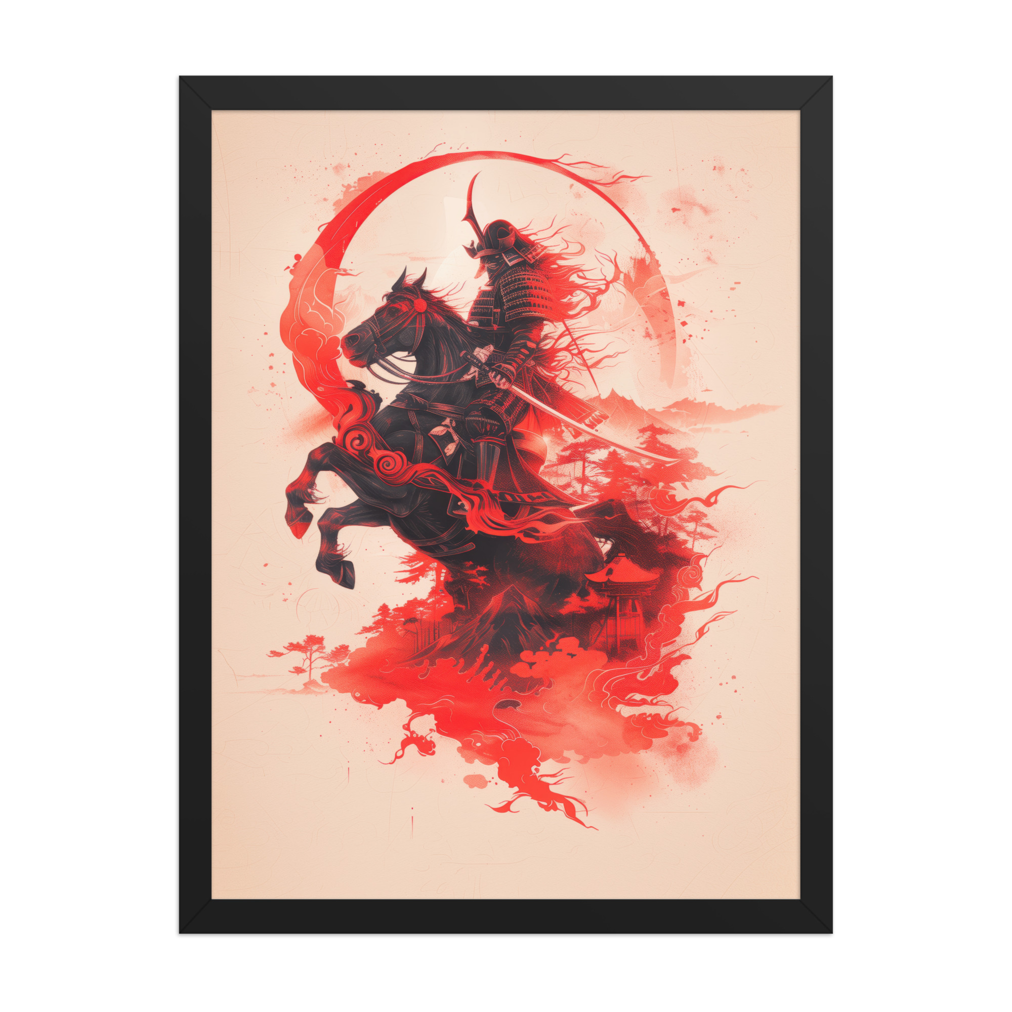 Crimson Charge – Samurai on Horseback Flaming Arc of Courage Wall Art – Framed Poster - Image 4