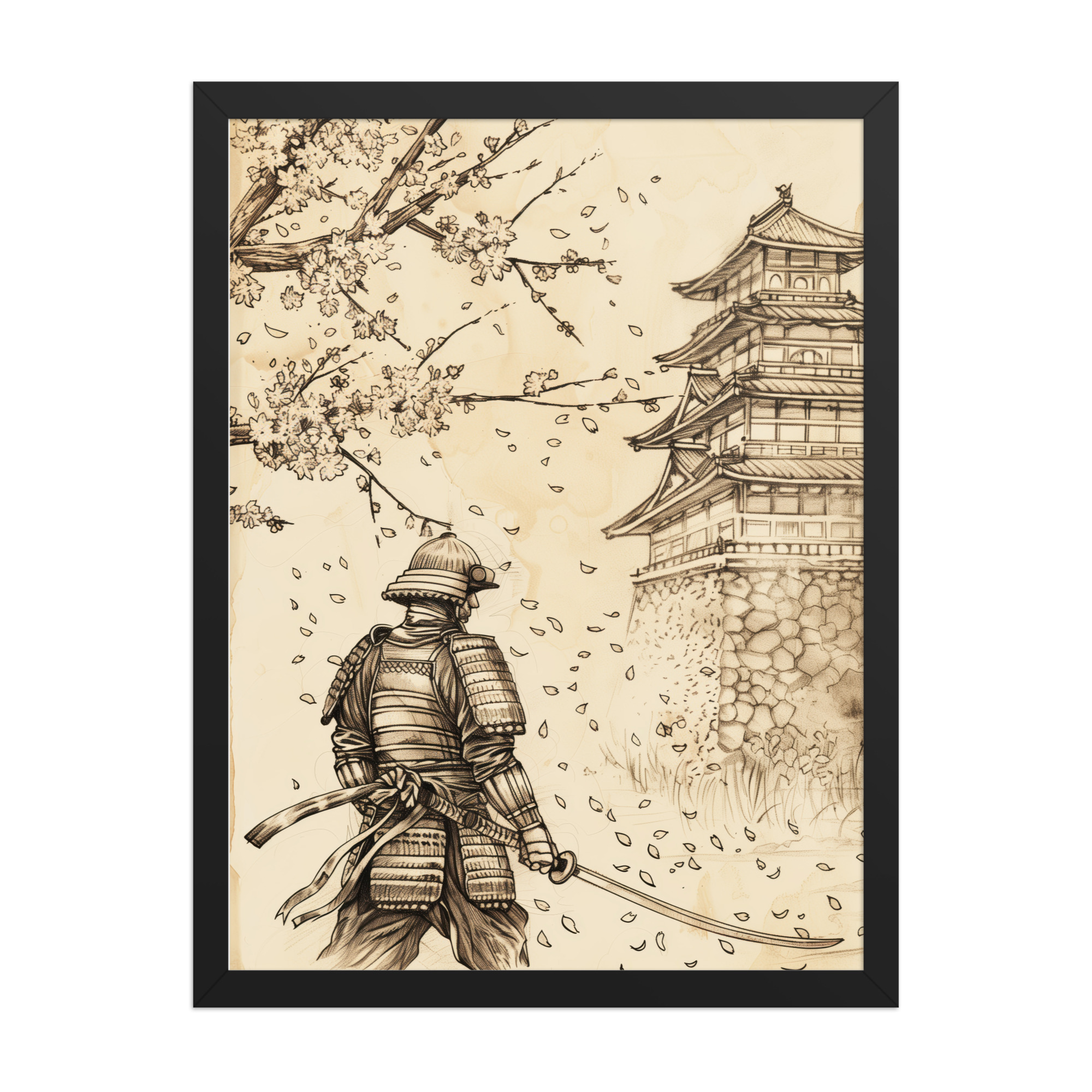 Samurai Under Cherry Blossoms – Castle Breeze and Falling Petals Wall Art – Framed Poster - Image 2