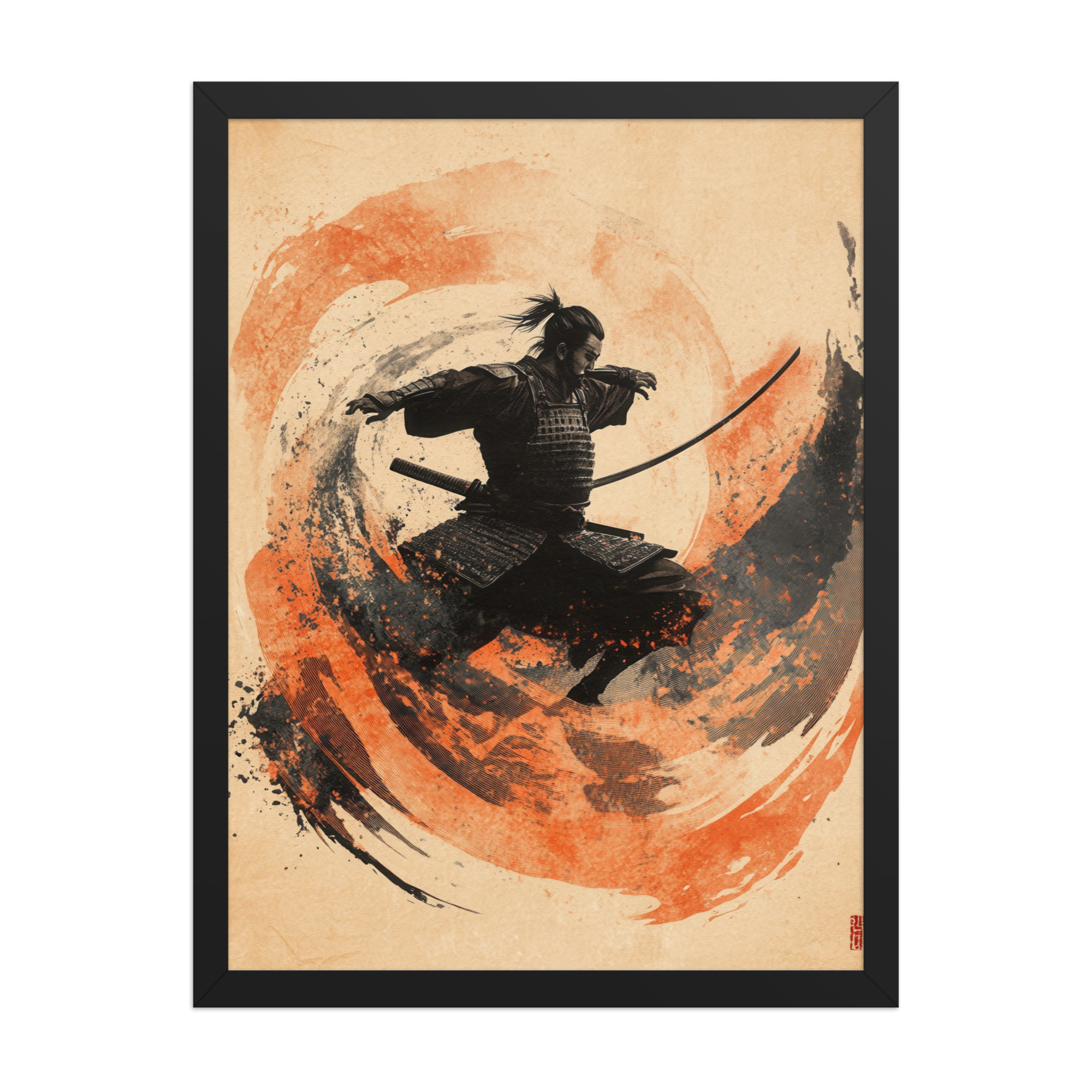 Samurai Swirl – Brush-Stroke Motion and Warrior Focus Wall Decor – Framed Poster - Image 3