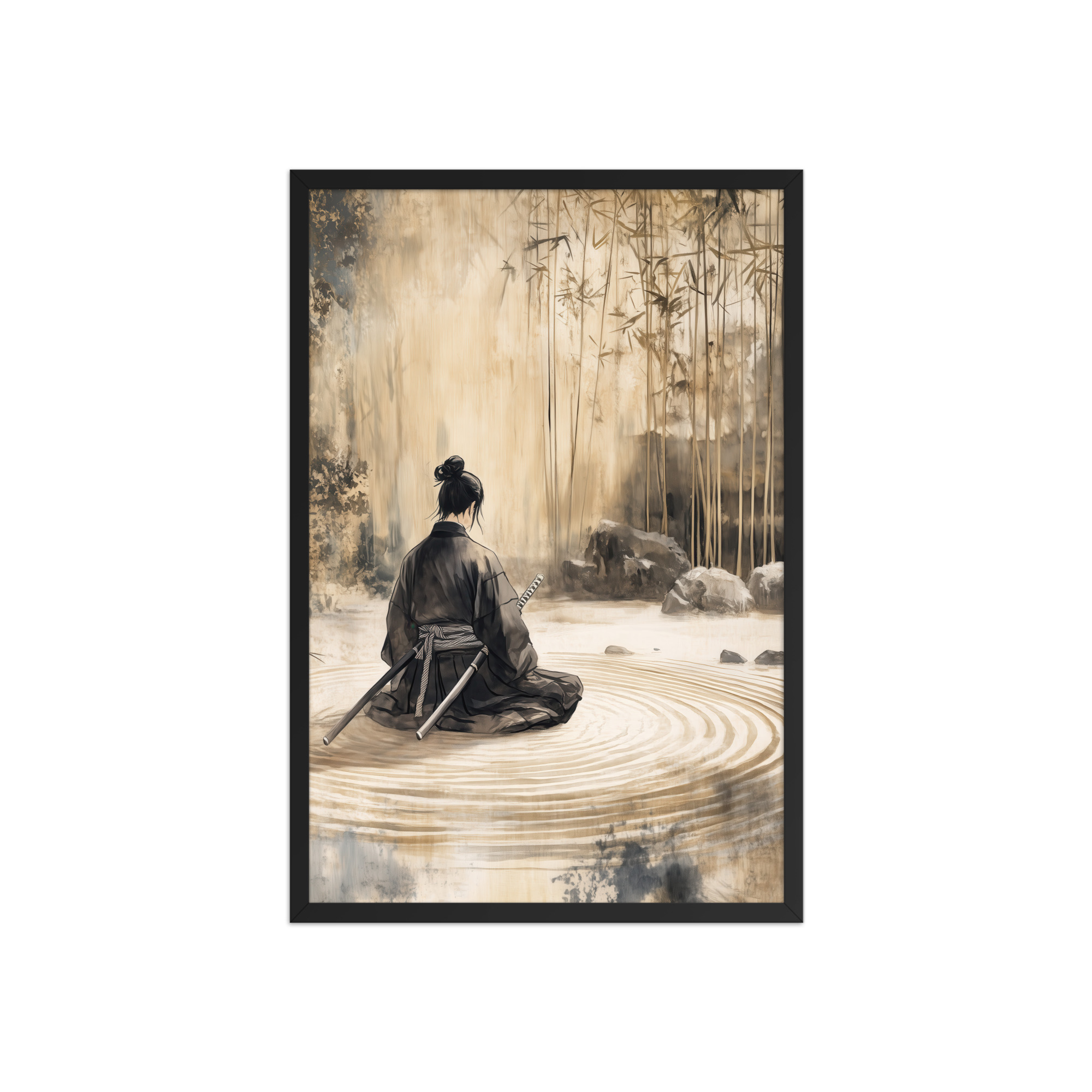 Samurai Meditation – Zen Garden Ripples and Bamboo Hush Wall Art – Framed Poster