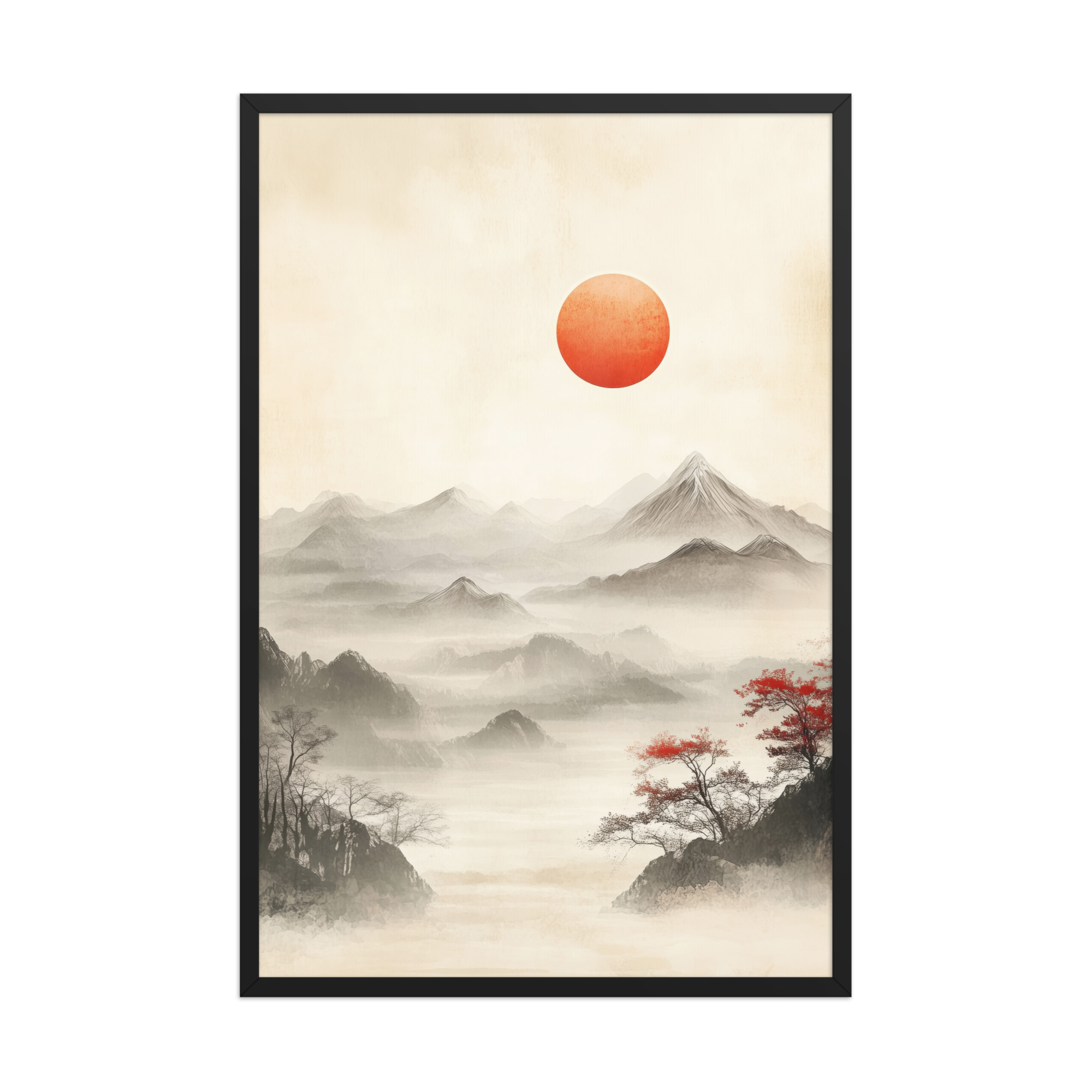 Red Sun Over Silent Peaks — Misty Ink Mountain Landscape Wall Art — Framed Poster - Image 7