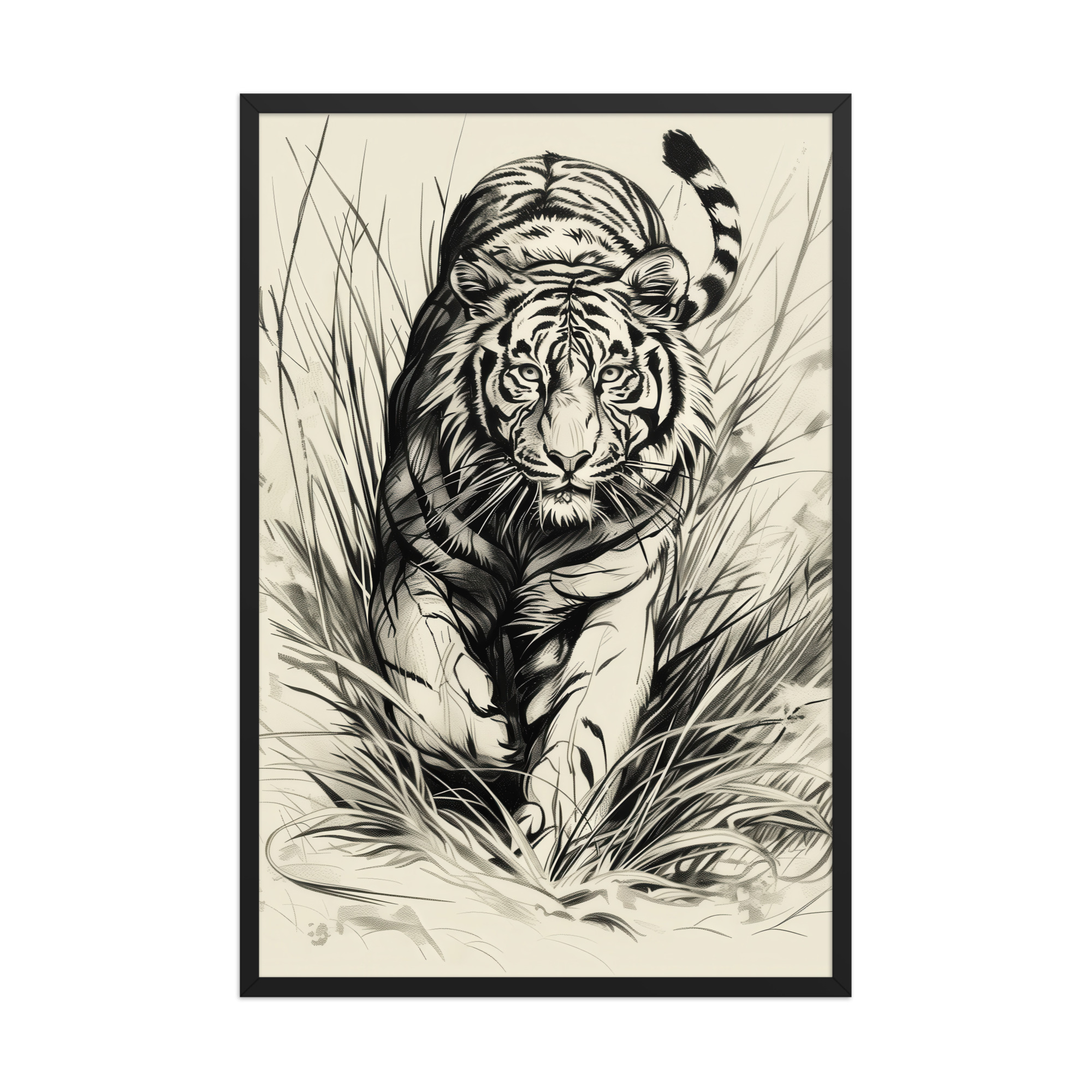 Tiger in Brush — Monochrome Ink Bengal Tiger Wall Art — Framed Poster - Image 4
