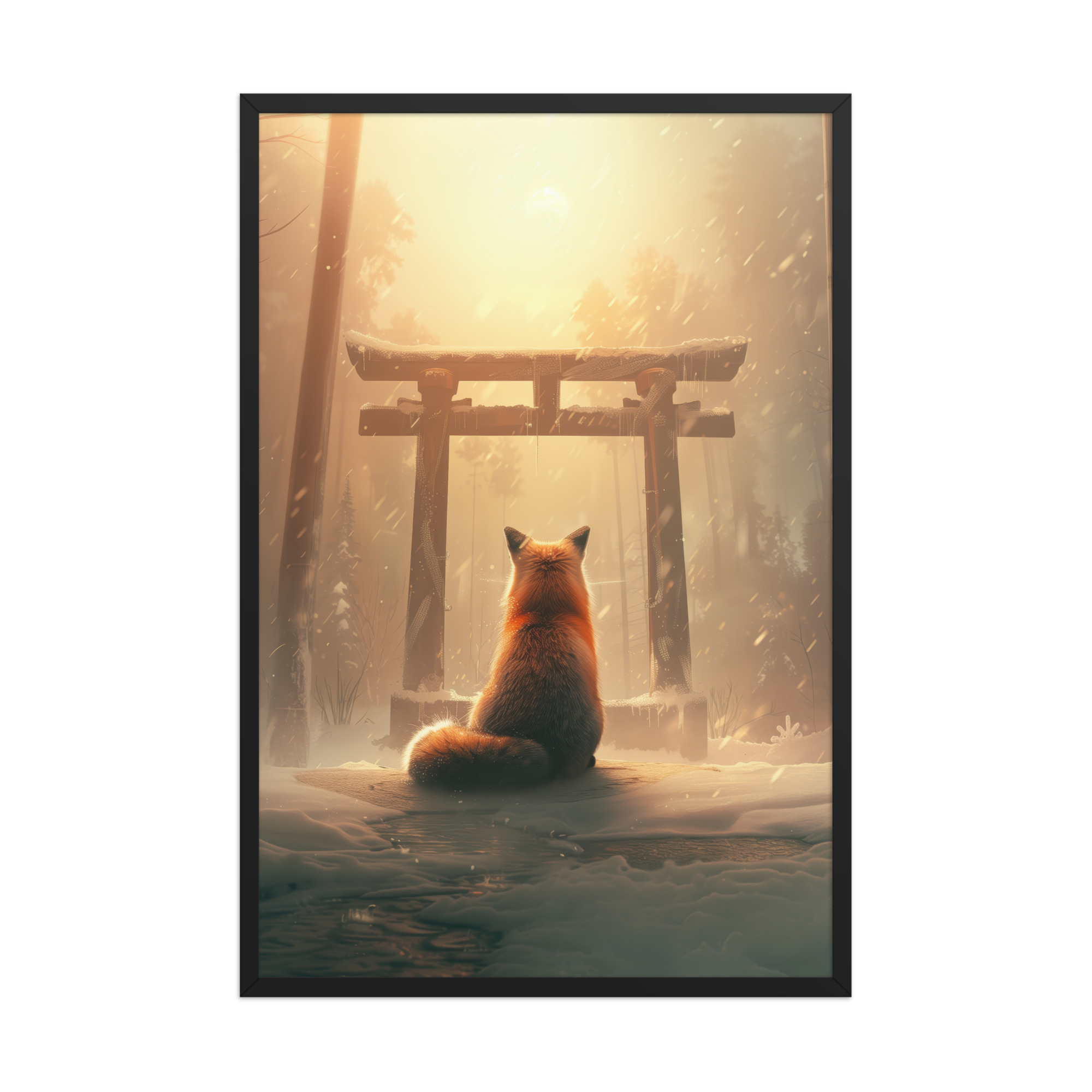 Fox Spirit at Torii — Cinematic Fox in Snowy Shrine Light Wall Decor — Framed Poster - Image 8