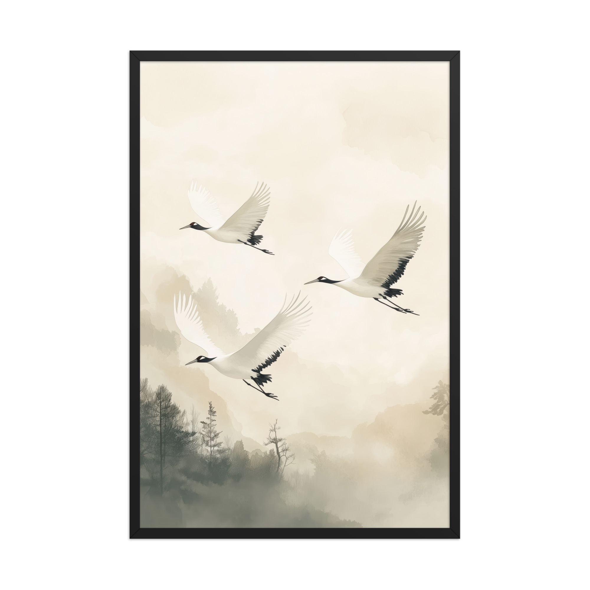 Cranes of Serenity — Misty Forest Flight Bird Wall Art — Framed Poster - Image 7