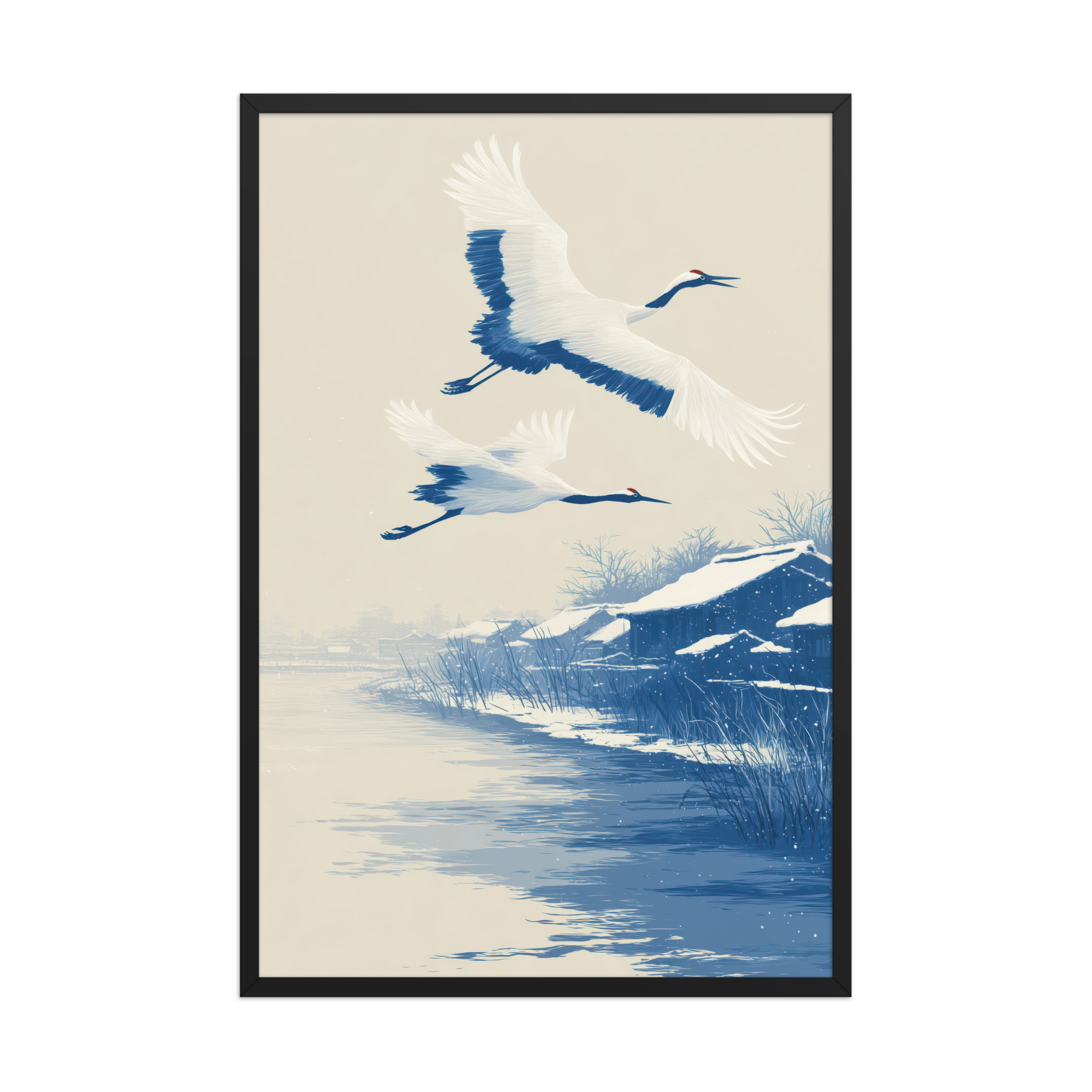 Cranes in Winter Sky — Ukiyo-e Birds over Snowy River Village Wall Art — Framed Poster - Image 6