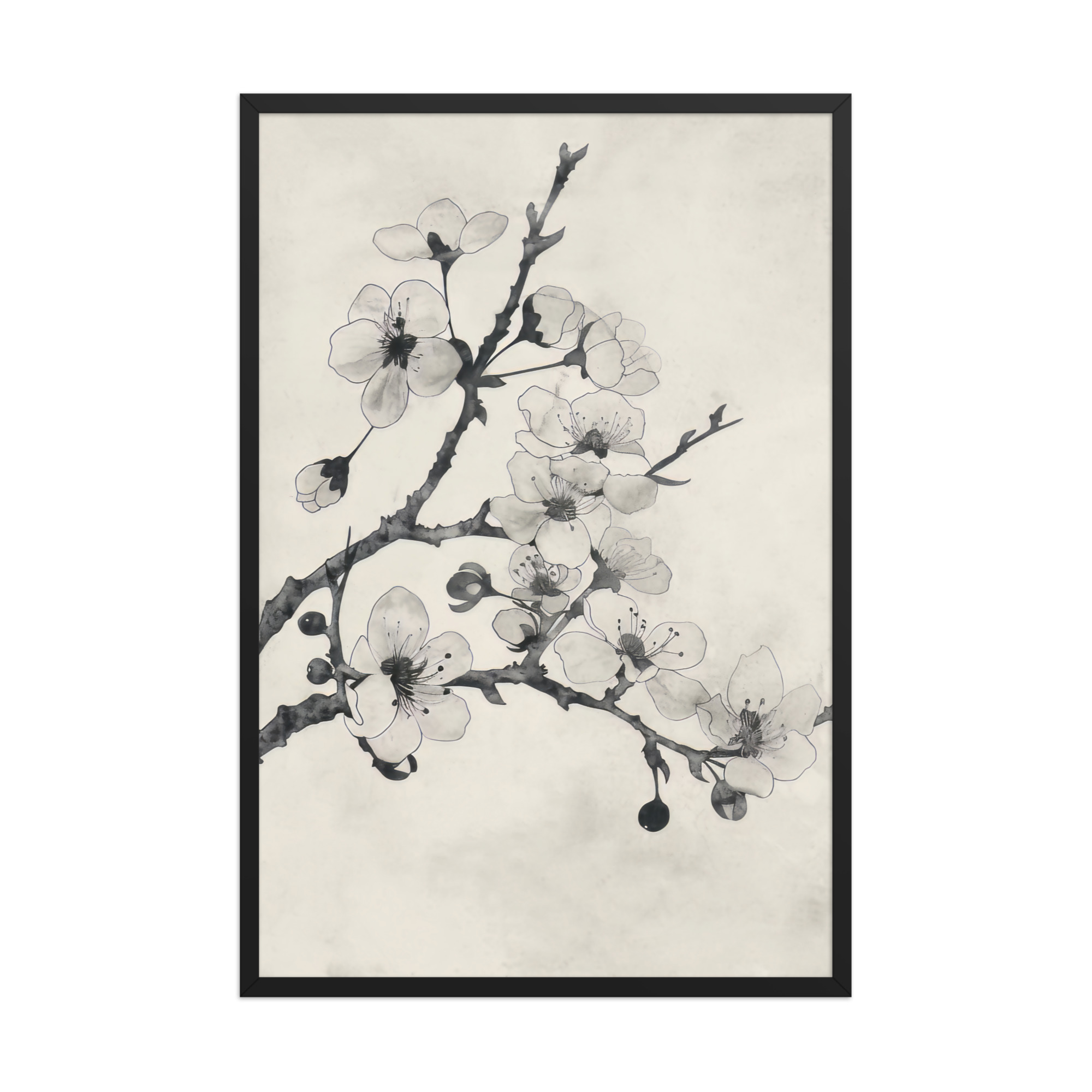 Ink-Wash Cherry Blossoms — Sumi-e Floral Ink Wall Art — Framed Poster - Image 3
