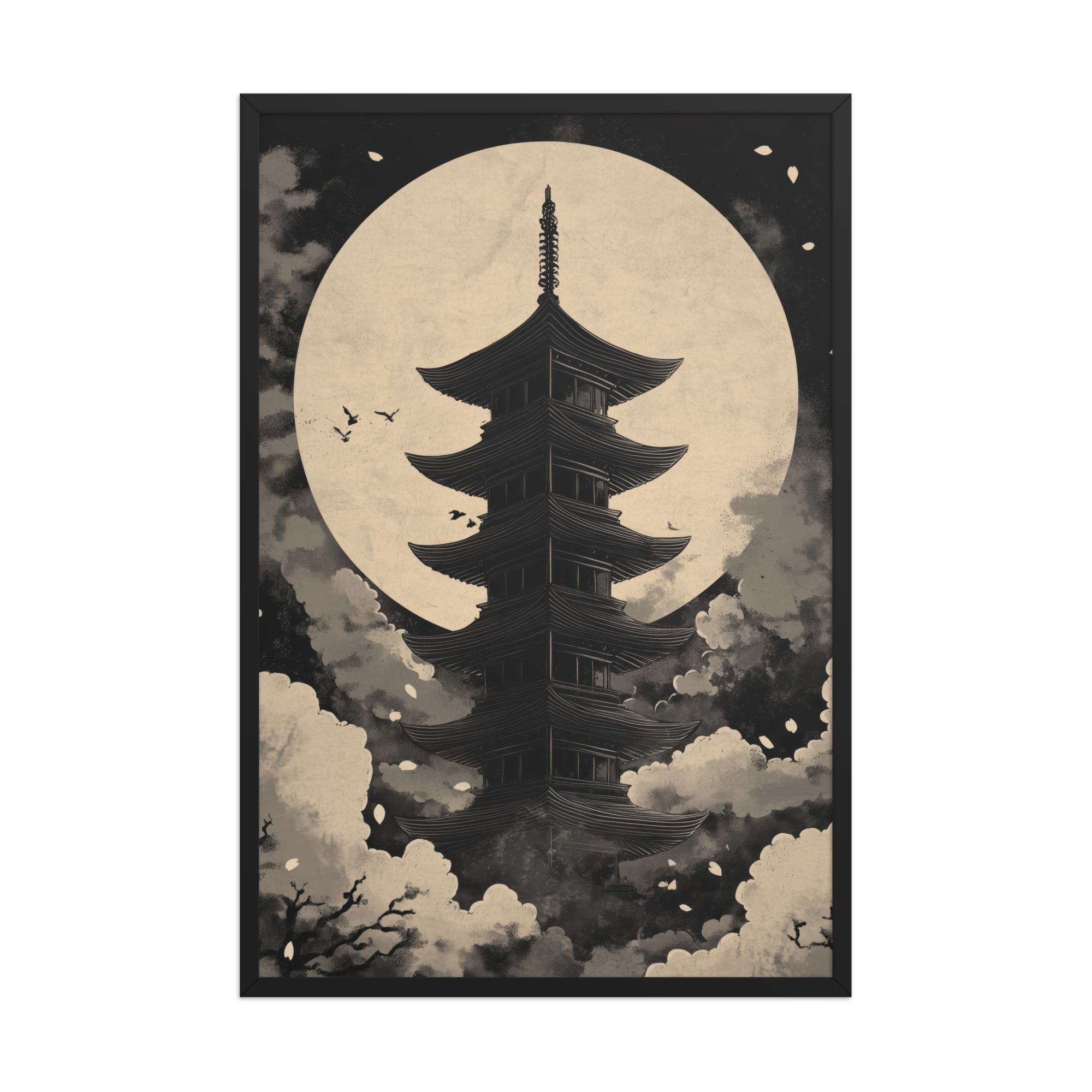 Moonlit Zen Pagoda — Monochrome Pagoda, Japanese Night Wall Art — Framed Poster - Image 6